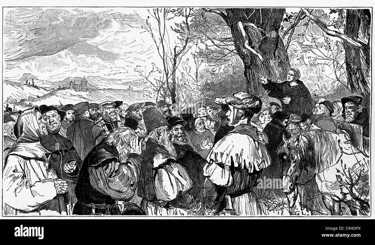 Martin Luther prédication ist dans son village Moehra, gravure 19. centuryury Banque D'Images