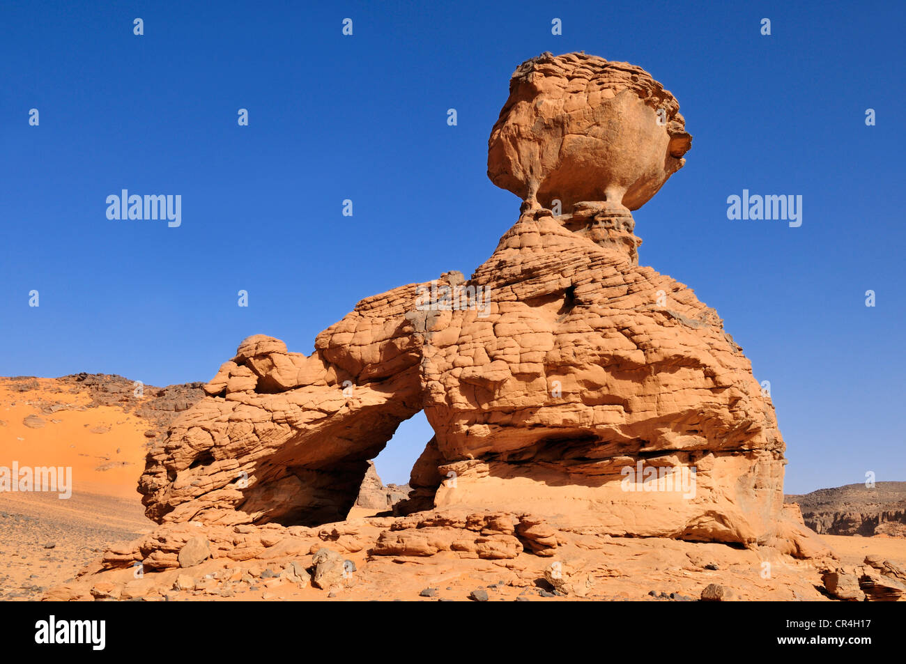 Arch et rock formation à la forme d'un hérisson, Tadrart, le Tassili n'Ajjer National Park, site classé au patrimoine mondial, l'Algérie Banque D'Images