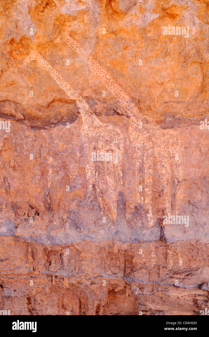Girafe peinte, néolithique de l'Acacus rockart Montagnes ou Tadrart Acacus, le Tassili n'Ajjer National Park Banque D'Images