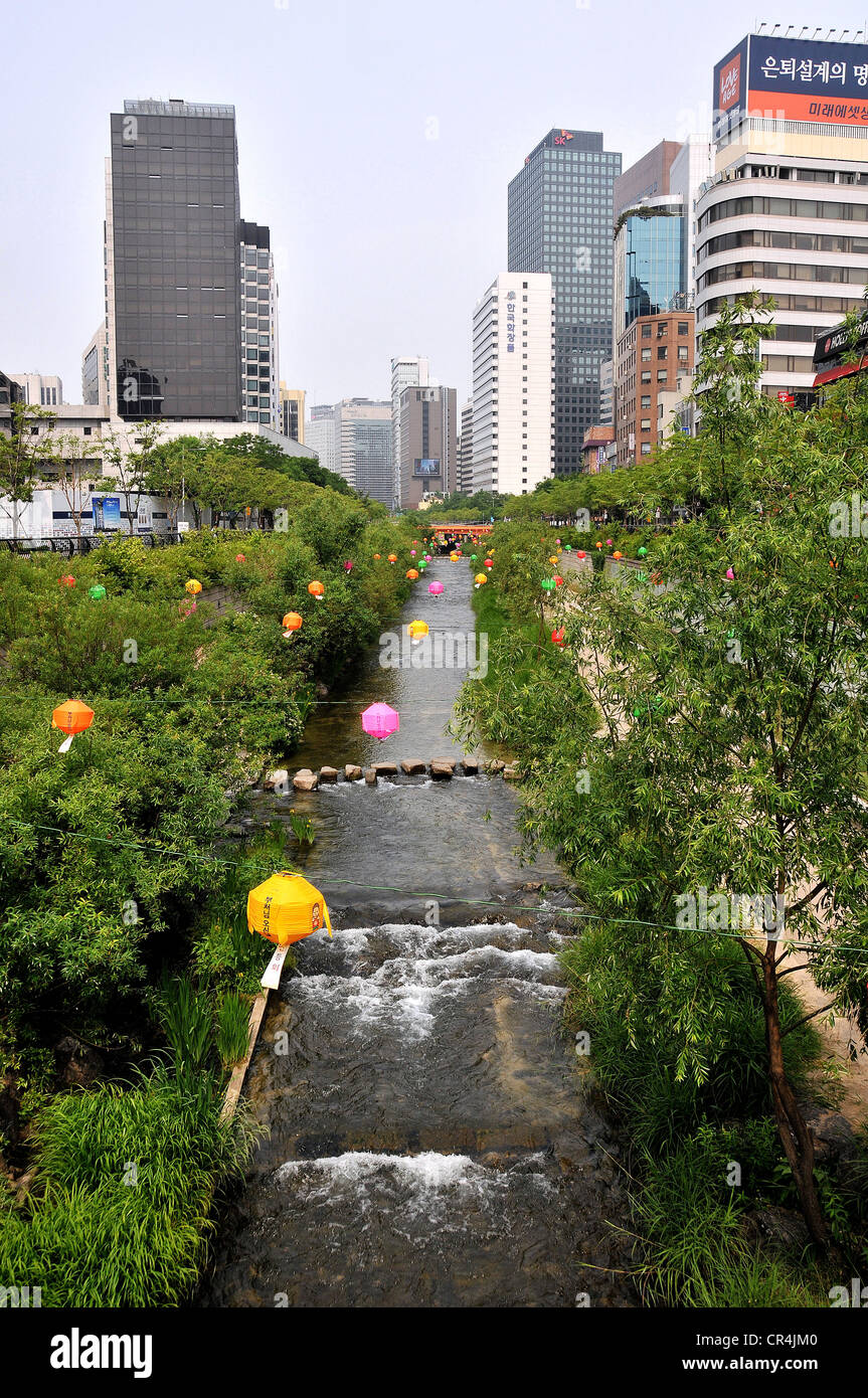 Waterside et verdure de la Cheonggyecheon Stream Seoul Corée du Sud Banque D'Images