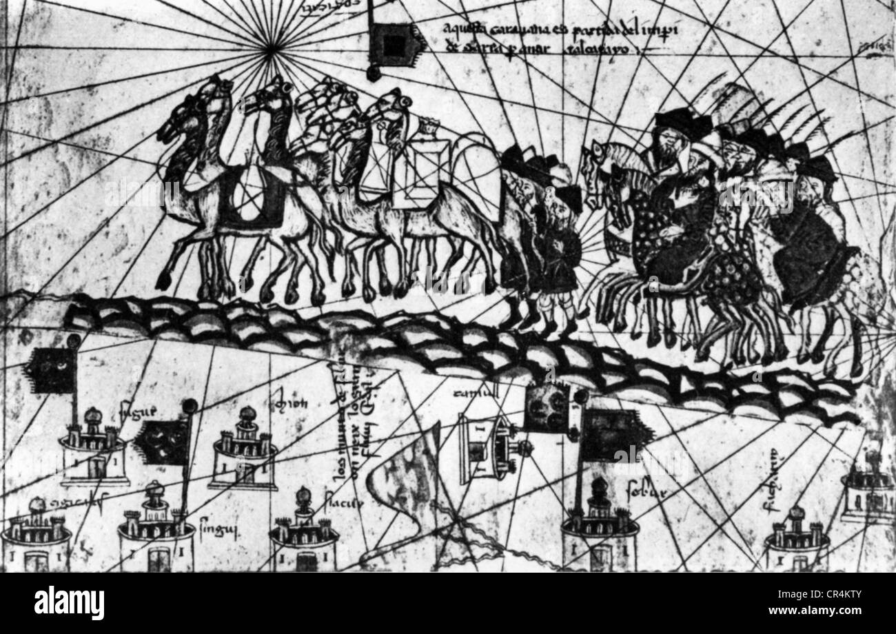 Polo, Marco, 1254 - 8.1.1324, marchand vénitien, voyageur, sur le chemin de Cathay, à partir de l'atlas Catalonien d'Abraham Cresques (1375), Banque D'Images