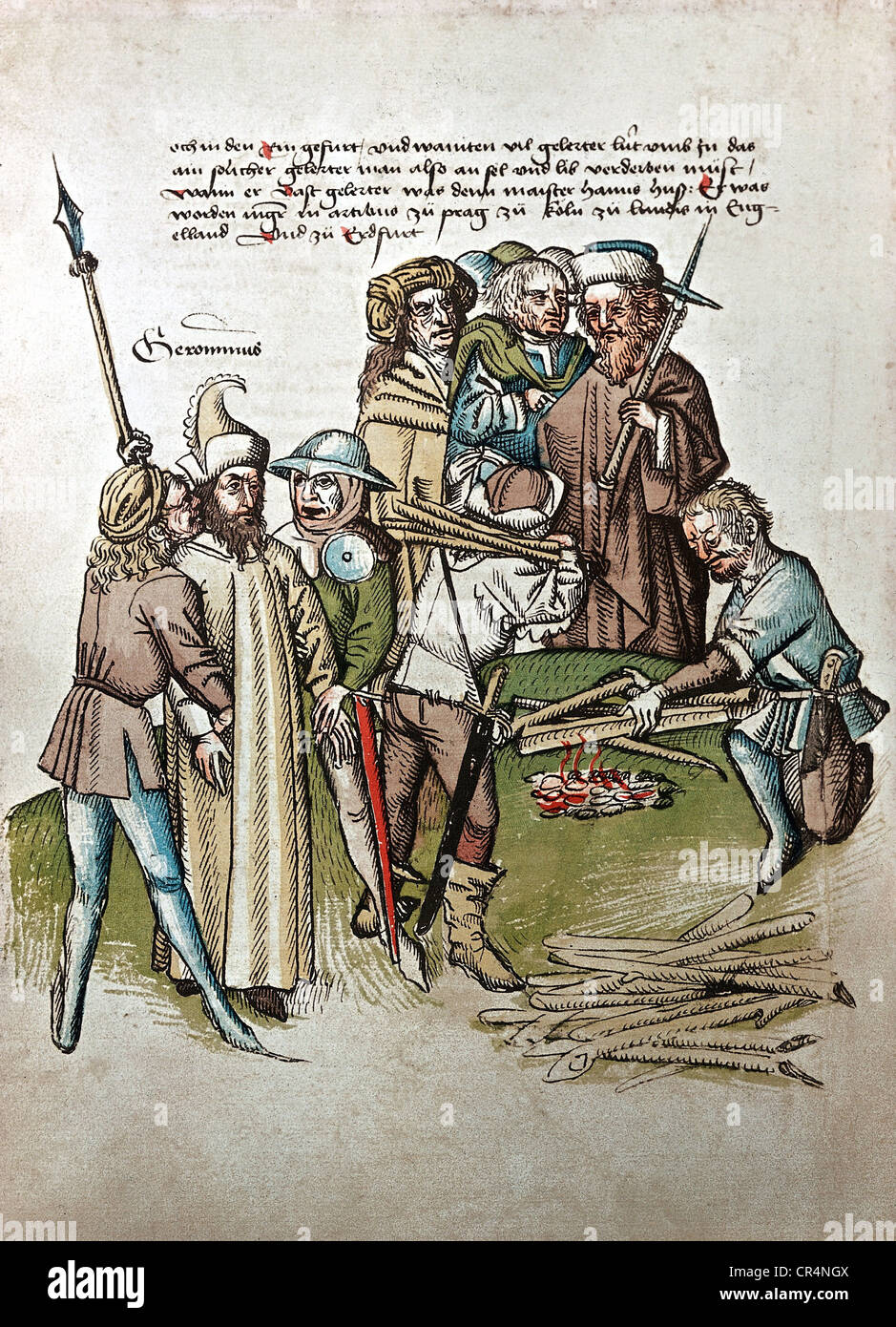Hus, Jan, vers 1370 - 6.7.1415, le clergé tchèque (théologien et réformiste), devant le pyre de Constance, miniature, chronique d'Ulrich de Richenthal, 1483, Banque D'Images