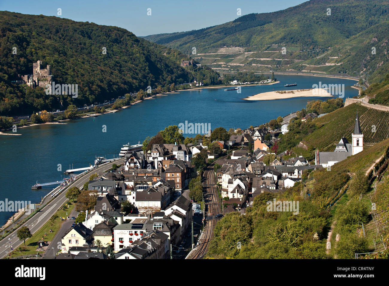 Burg Rheinstein château sur le Rhin avec Assmannshausen, Rheingau, district Rhin, Hesse, Germany, Europe Banque D'Images