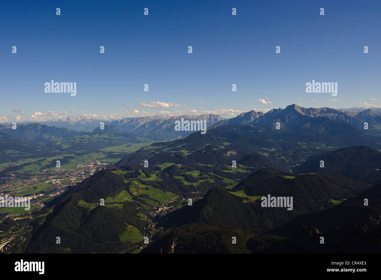 Vue panoramique vu de Untersberg, avec la vallée Salzachtal Hoher Dachstein, montagne, montagnes Tennengebirge, Banque D'Images