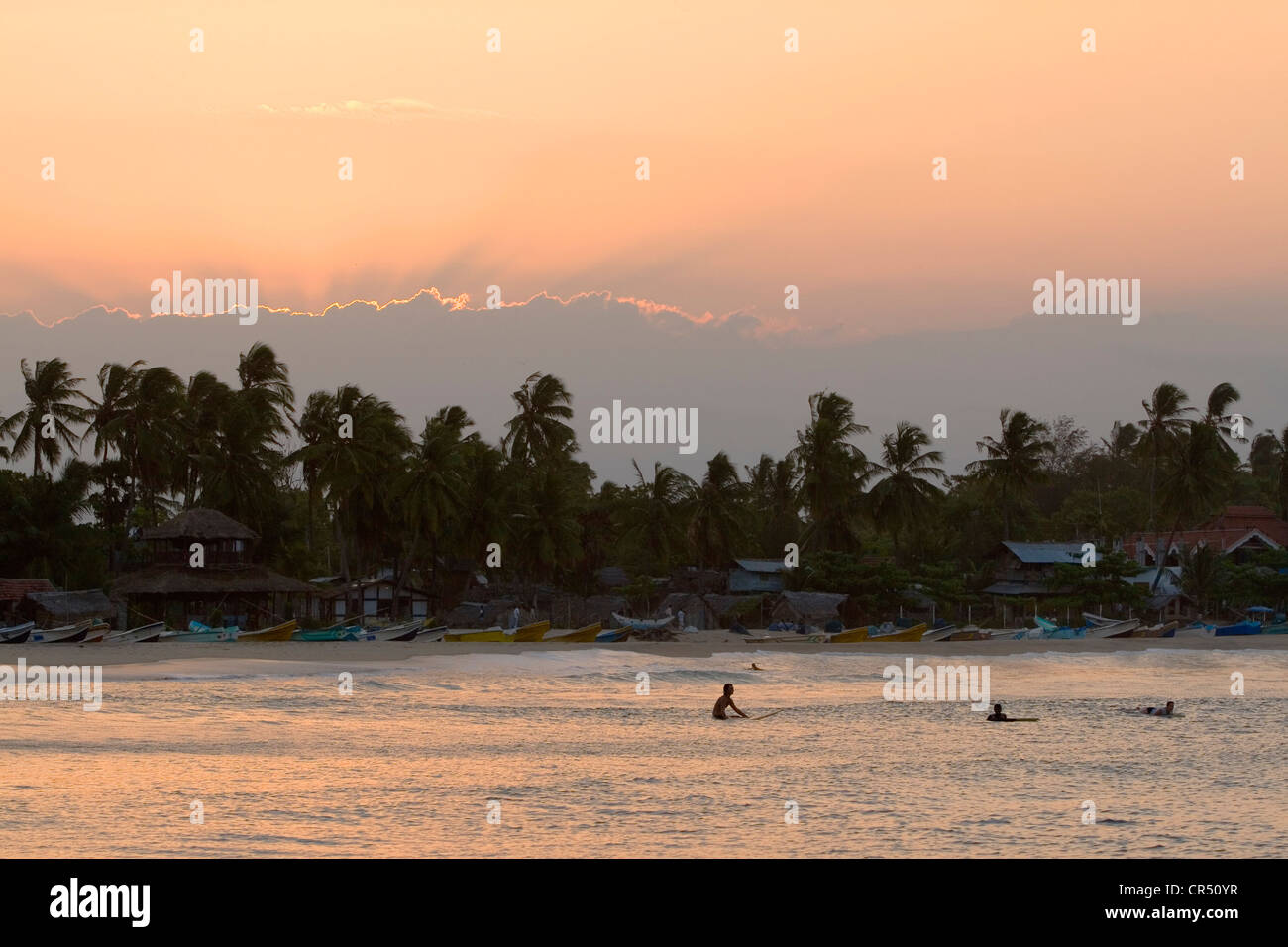 Surfers dans le line-up au point de bébé au coucher du soleil, d'Arugam Bay, Sri Lanka Banque D'Images