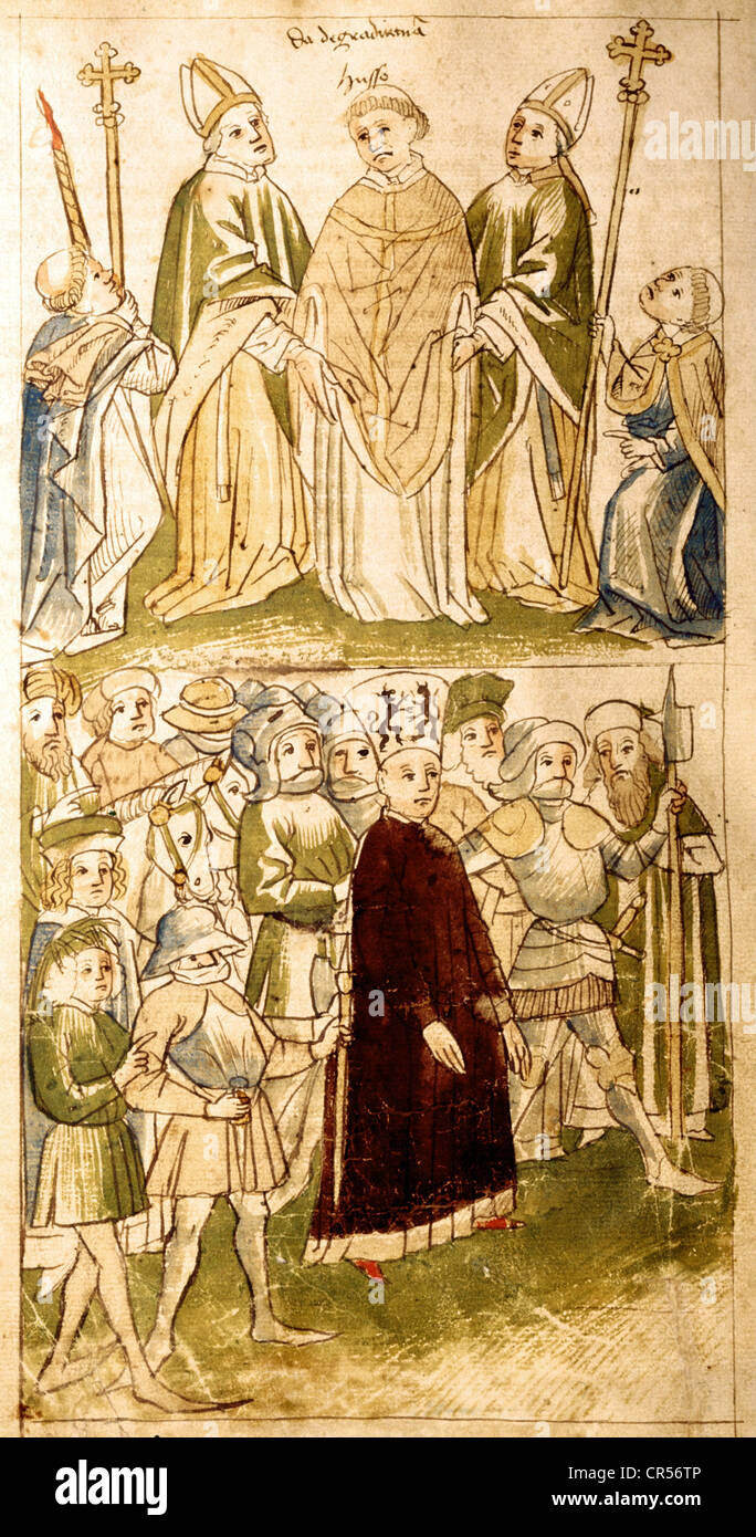 Hus, Jan, vers 1370 - 6.7.1415, clergé tchèque (théologien et réformiste), condamnation lors du conseil de Constance, déportant, à la pyre, miniature, chronique d'Ulrich de Richenthal, 1483, Banque D'Images