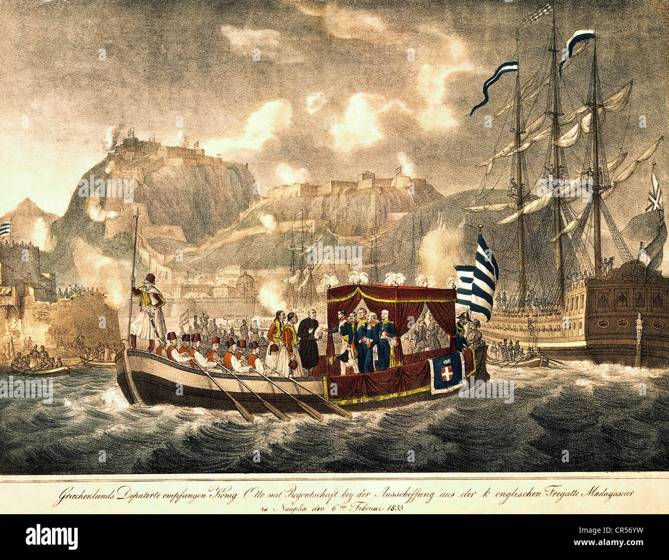 Otto I, 1.6.1815 - 26.7.1867, roi de Grèce 5.10.1832 - 24.10.1862, arrivée à Nauplie, 6.2.1833, lithographie colorée de Georg Wilhelm Kraus (1804 - 1852), Musée de l'armée bavaroise, Ingolstadt, , Banque D'Images