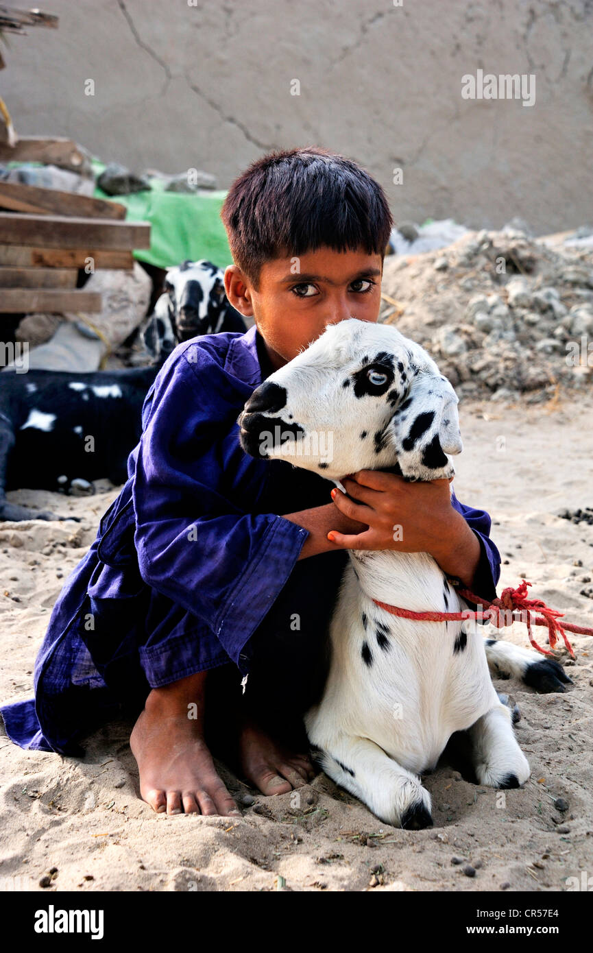 Garçon avec une chèvre, village de Basti Walla Lehar, Punjab, Pakistan, Asie Banque D'Images