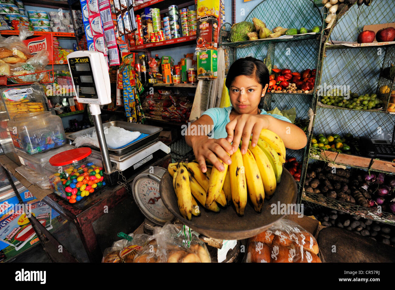 Le travail des enfants, fille, 14 ans, travaillant dans la boutique de ses parents, les taudis d'Amauta, Lima, Pérou, Amérique du Sud Banque D'Images