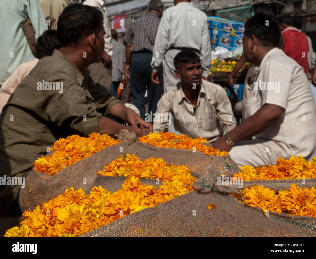 La négociation du prix, un rituel à la nécessaire du marché de gros de fleurs dans Old Delhi, Delhi, Inde, Asie Banque D'Images