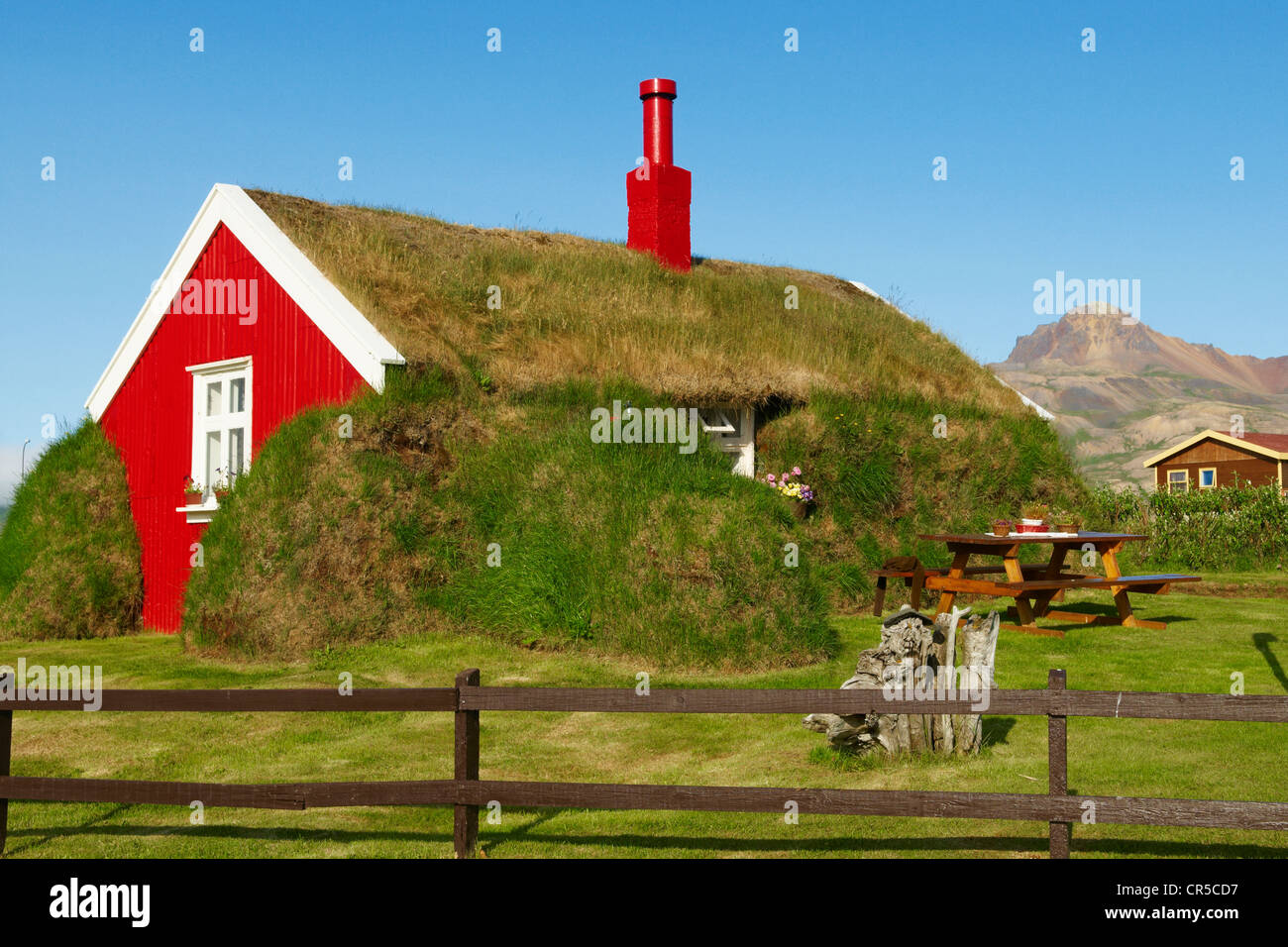 L'Islande, Vesturland, Région de Borgarfjordur, ancienne ferme traditionnelle à Bakkagerdi hameau Banque D'Images