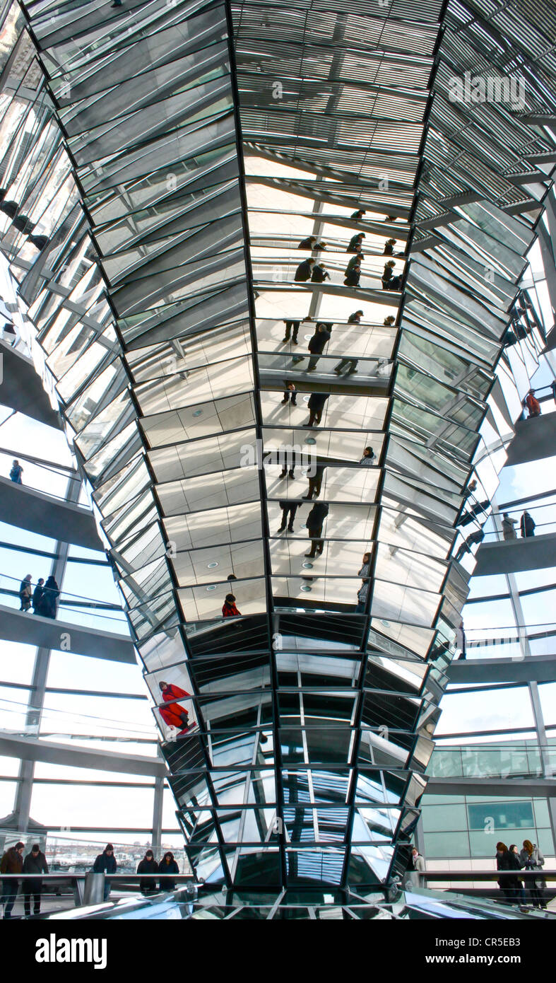 Le dôme de verre et d'acier du bâtiment du Reichstag à Berlin, en Allemagne, construit par l'architecte Norman Foster Banque D'Images