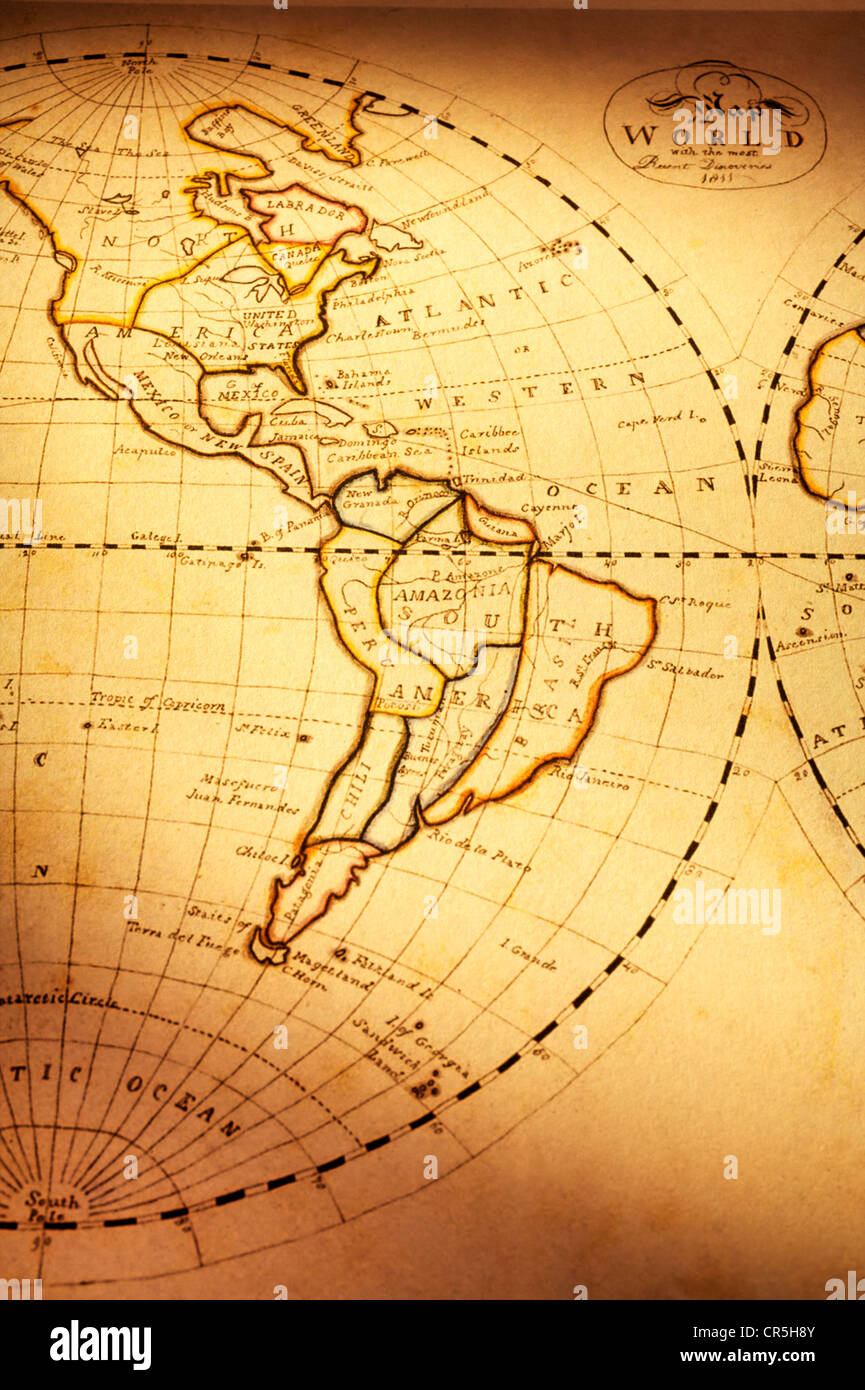 Partie de l'ancienne carte du monde, montrant des Amériques. L'accent est mis sur l'Amérique du Sud. La carte est de 1811 et est en dehors du droit d'auteur. Banque D'Images