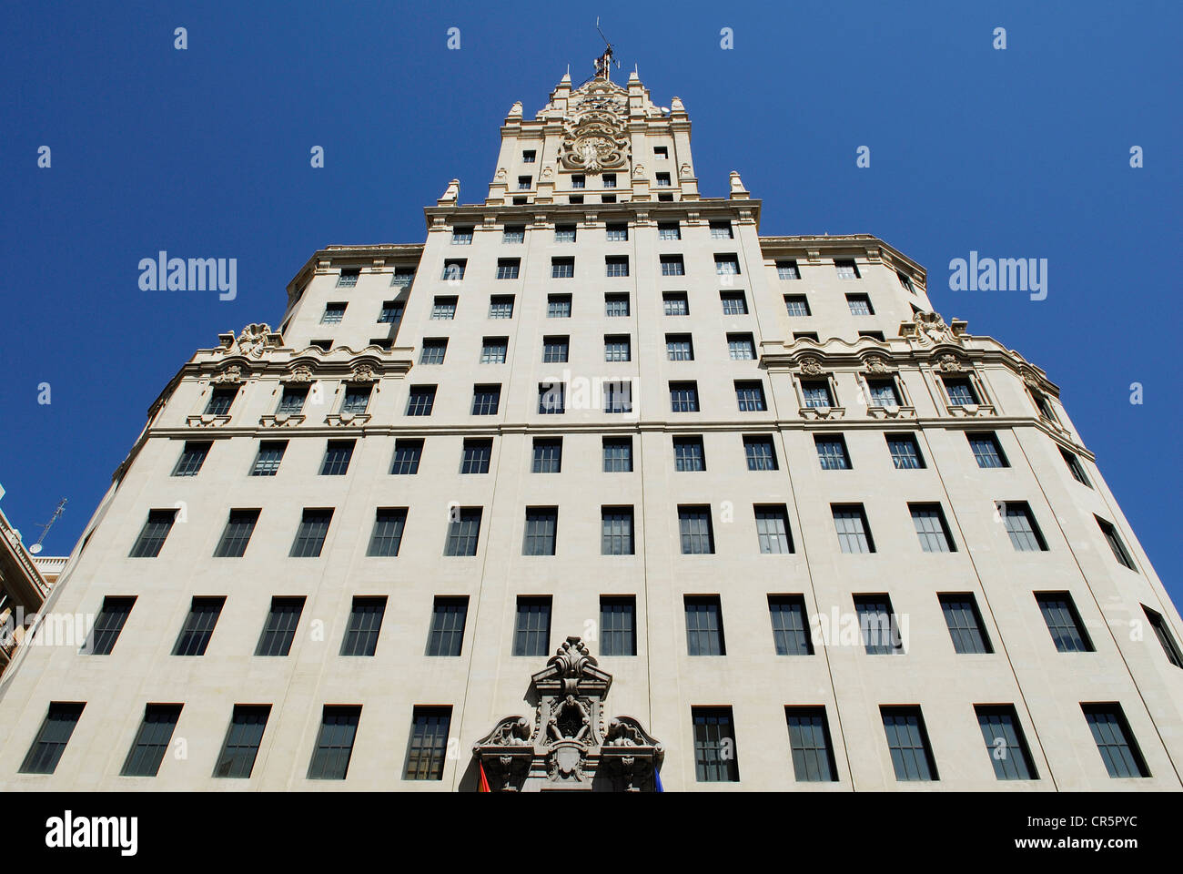 Espagne, Madrid, Telefonica, bâtiment à l'angle de la Gran Via et de la Calle de Fuencarral, premier gratte-ciel construit en 1929 Banque D'Images