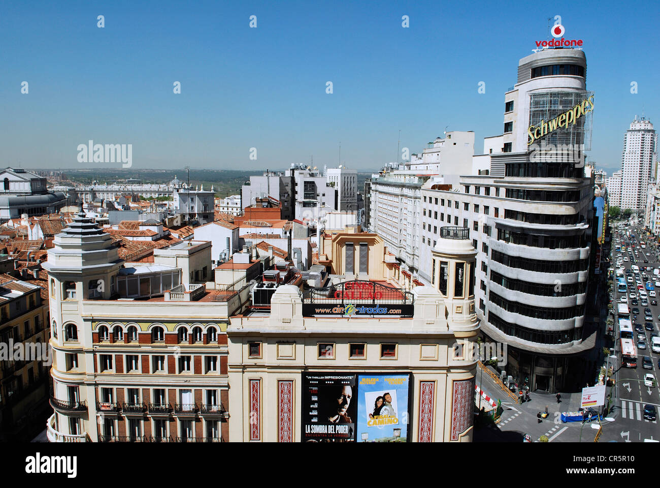 Espagne, Madrid, Gran Via, Cine Callao bâtiment construit en 1927 et l'immeuble Carrión 1933 vu de la cafétéria de la Banque D'Images