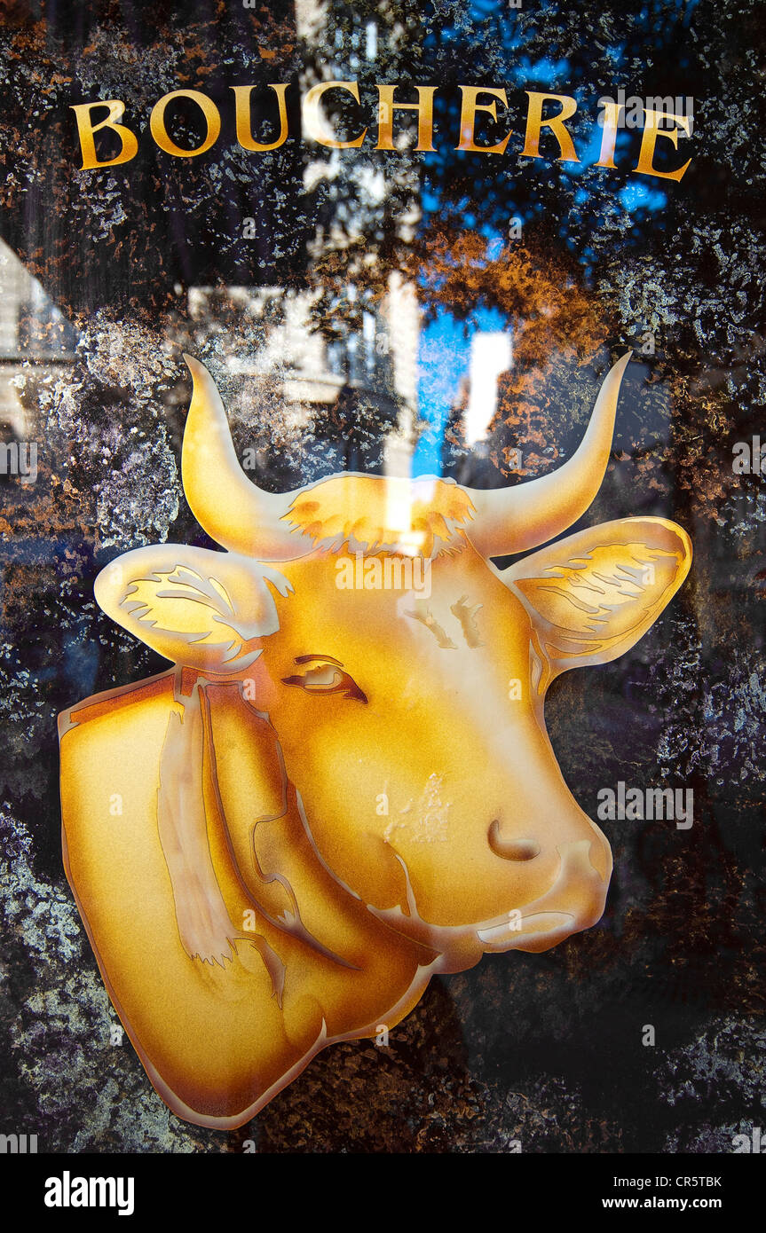 France, Paris, Rue de Bretagne, butcher shop sign Banque D'Images