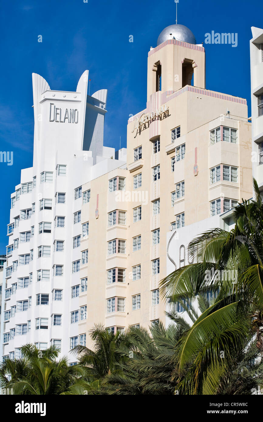 United States, Florida, Miami Beach, South Beach, Collins Avenue, hôtels National (1939) et Delano (1947) Banque D'Images