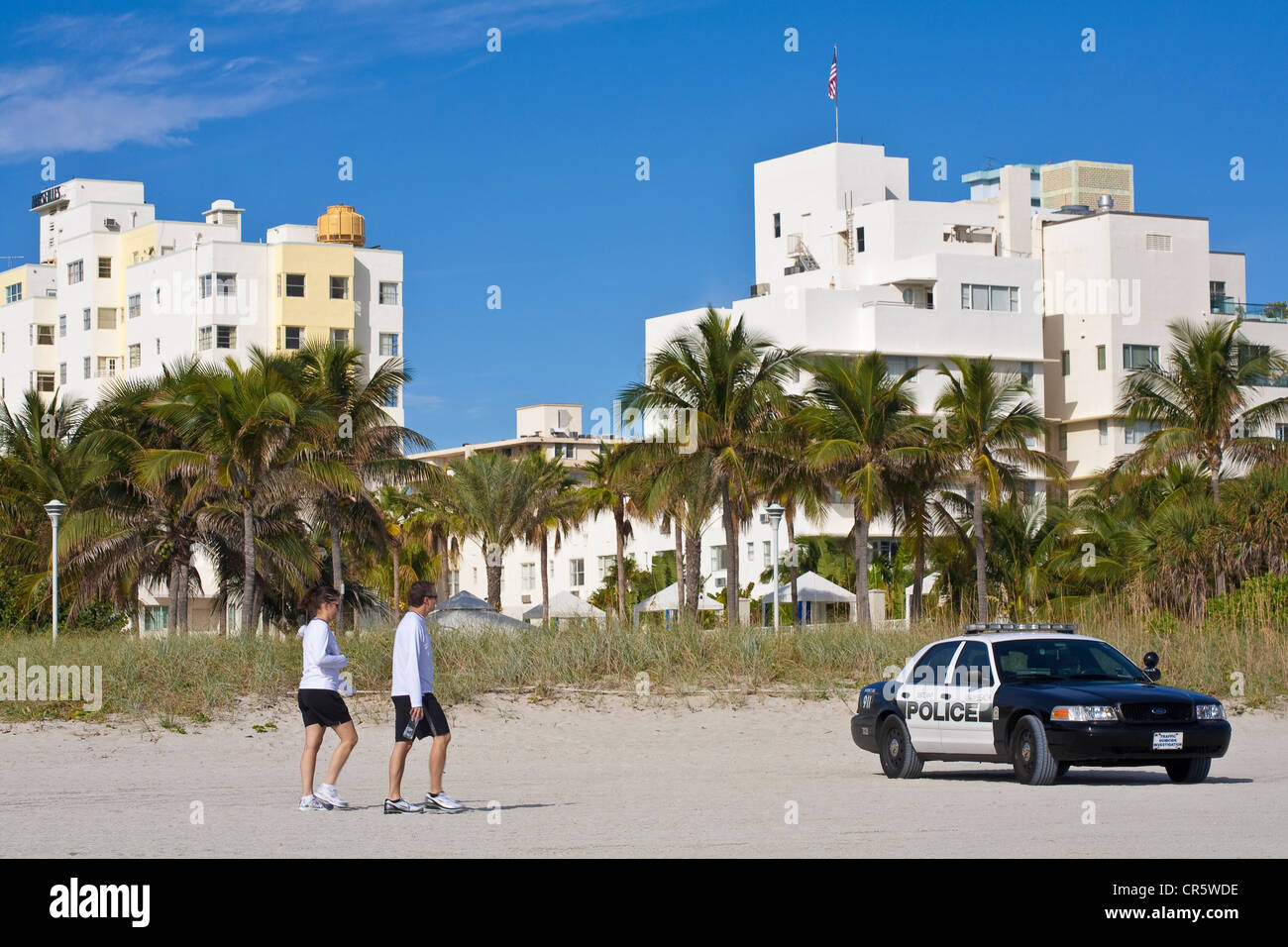 United States, Florida, Miami Beach, South Beach, voiture de police sur la plage Banque D'Images