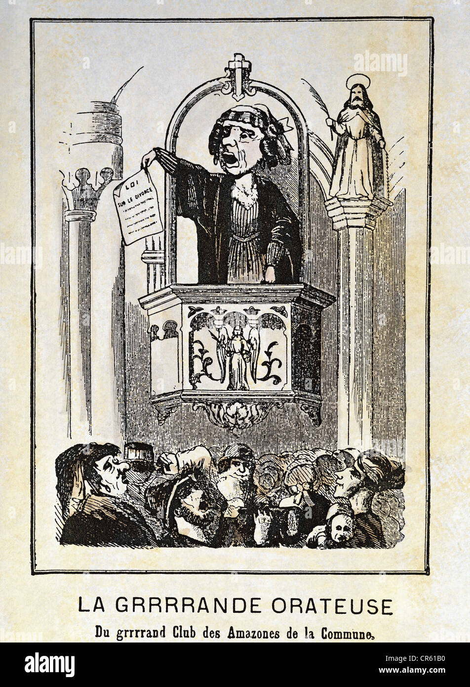 Michel, Louise, 20.4.1833 - 9.1.1905, militante politique française, caricature 'la Grande Orateuse...', gravure en bois de couleur, France, 1871, Banque D'Images