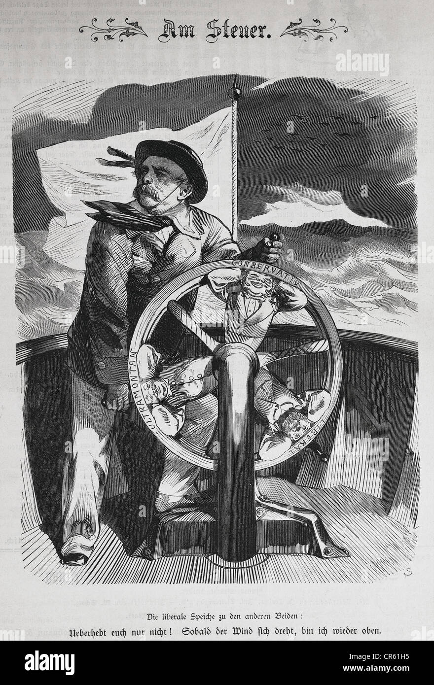 Bismarck, Otto von, 1.4.1815 - 30.7.1898, politicien allemand, Chancelier 1871 - 1890, caricature politique 'Am Steuer', gravure de bois, journal 'Kladderadatsch', No 27, Berlin 1879, Banque D'Images