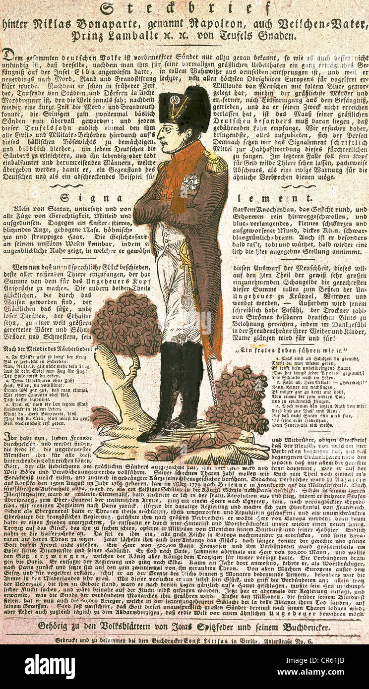 Napoléon I., 15.8.1769 - 5.5.1821, Empereur des Français 2.12.1804 - 22.6.1815, caricature politique, affiche recherché Niklas Bonaparte, appelé Napoléon, père violet, Prince Lamballe par la grâce du diable, coloré, 33,5 cm x 19,5 cm, Buchdrucker Ernst Littfas, Berlin, vers 1810 / 1815, Banque D'Images