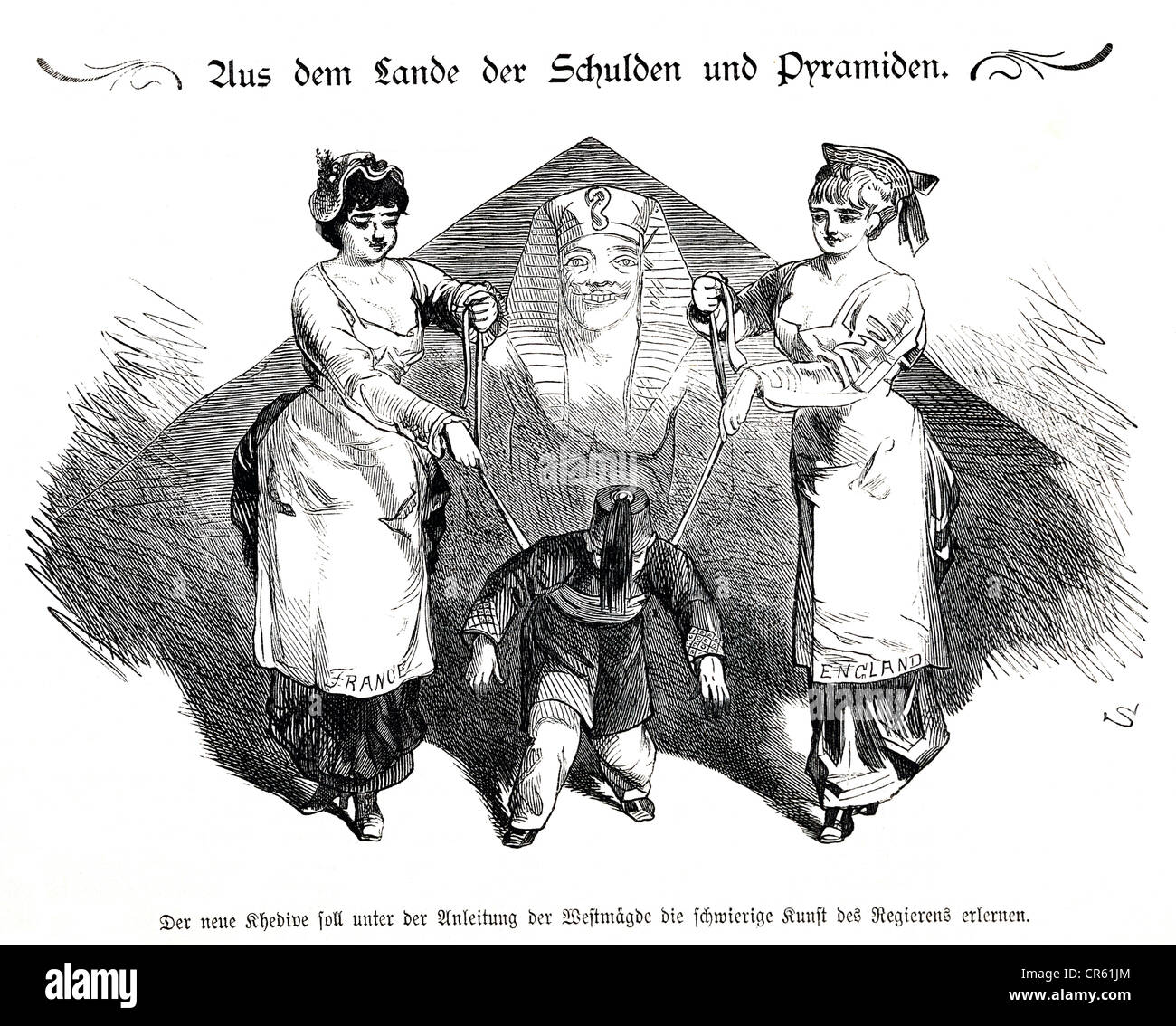Tewfik Pasha, 1852 - 7.1.1892, Khedive d'Egypte et du Soudan, depuis 1879, caricature politique 'Aus dem Lande der Schulden und Pyramiden', Kladderadatsch, Allemagne, No 31, 1879, Banque D'Images