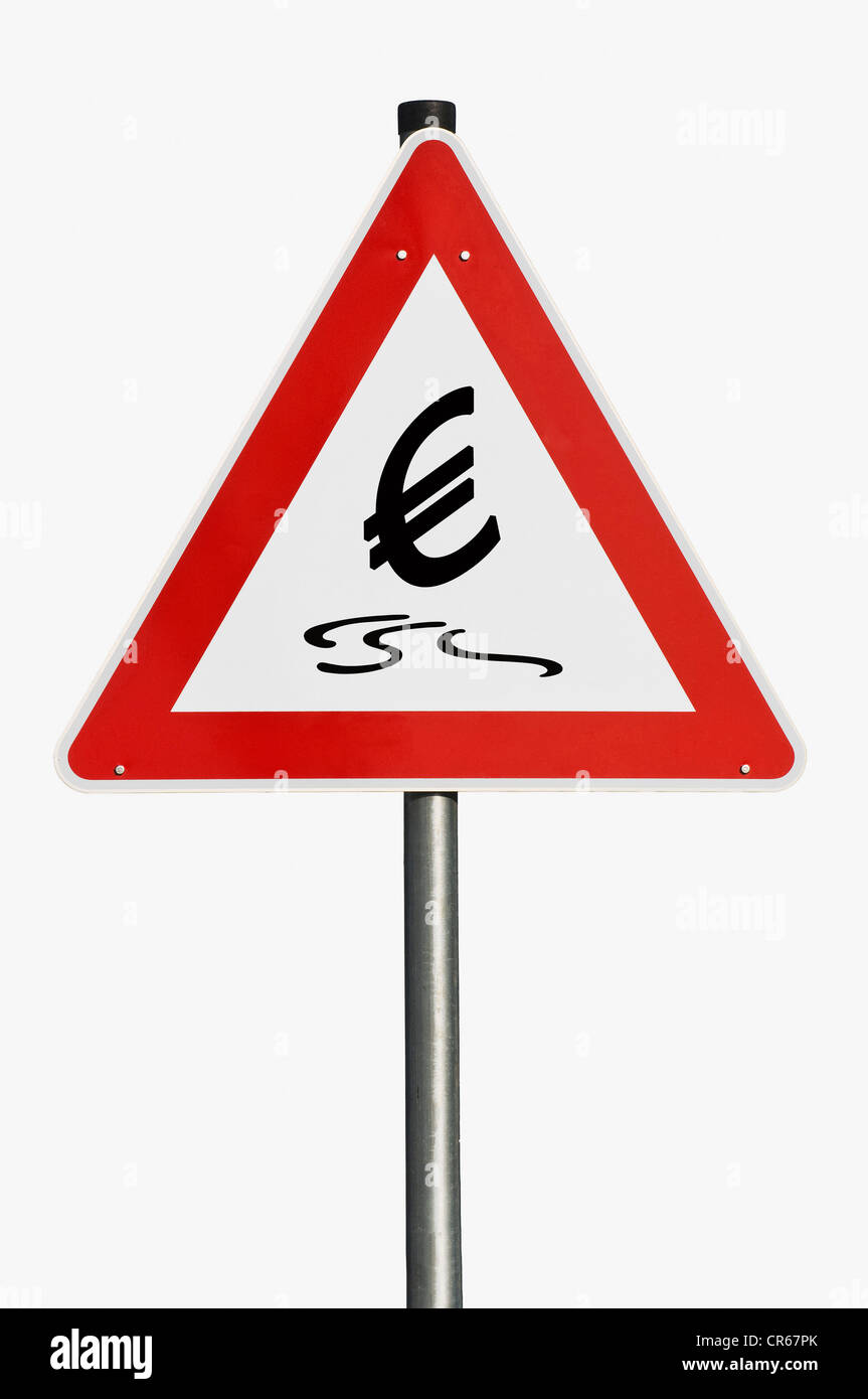 Panneau d'avertissement, le dérapage symbole euro, image symbolique de la crise monétaire Banque D'Images