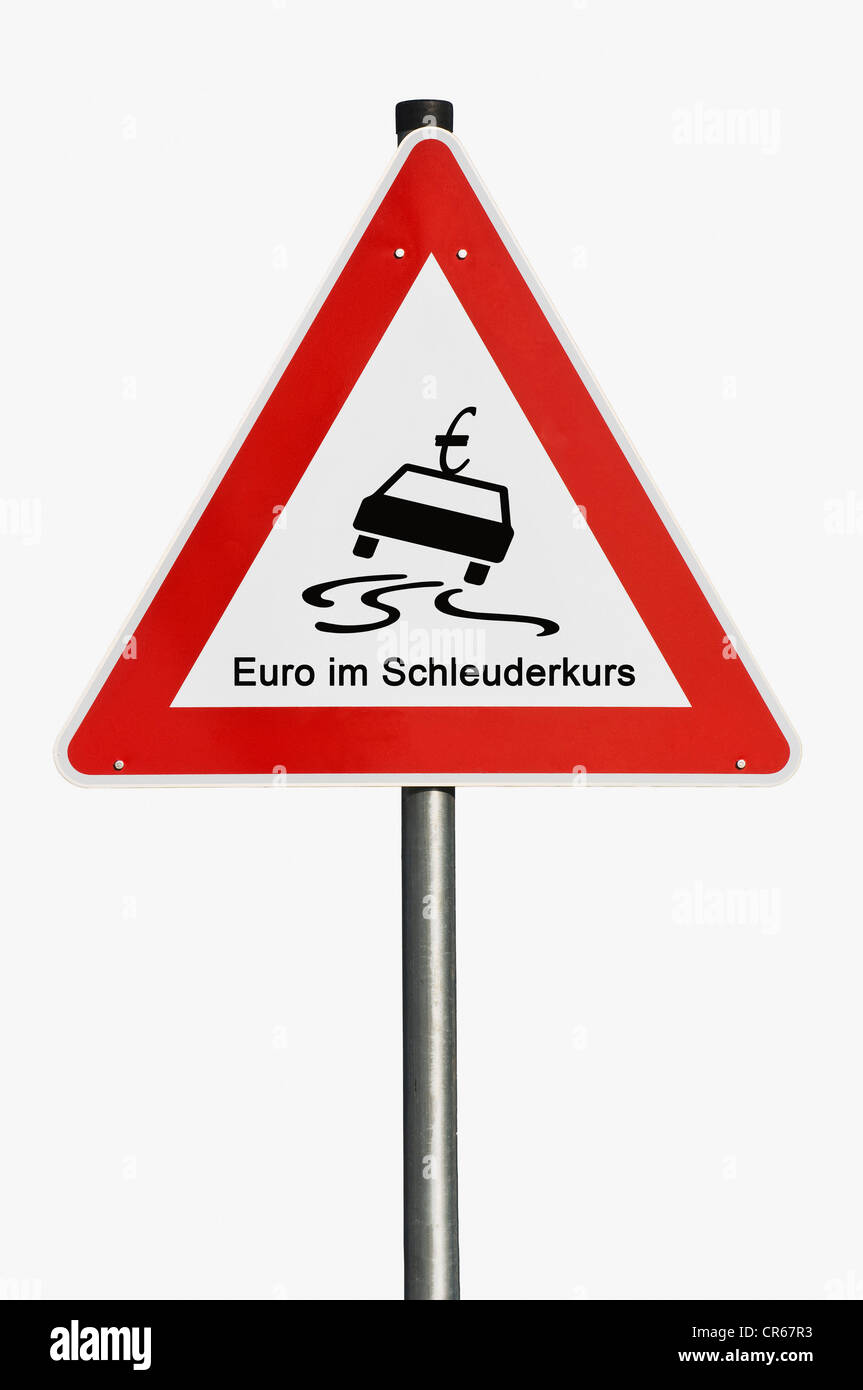 Signe de la circulation, le danger à venir, l'euro dans une vrille, image symbolique Banque D'Images