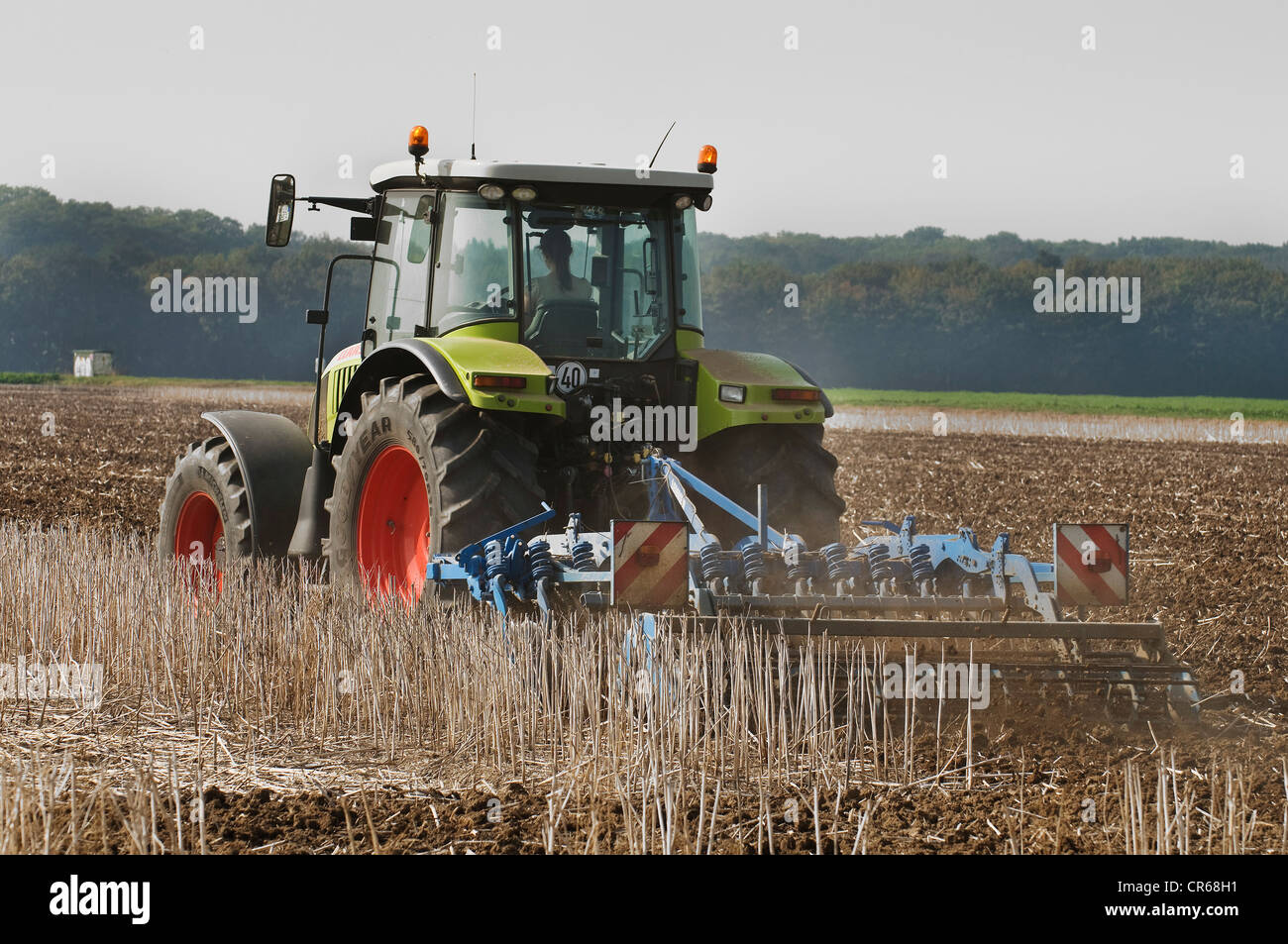 Tracteur avec un cultivateur de la conduite sur un champ moissonné, le sol est suscité et pulvérisé, demeure de plantes sont Banque D'Images