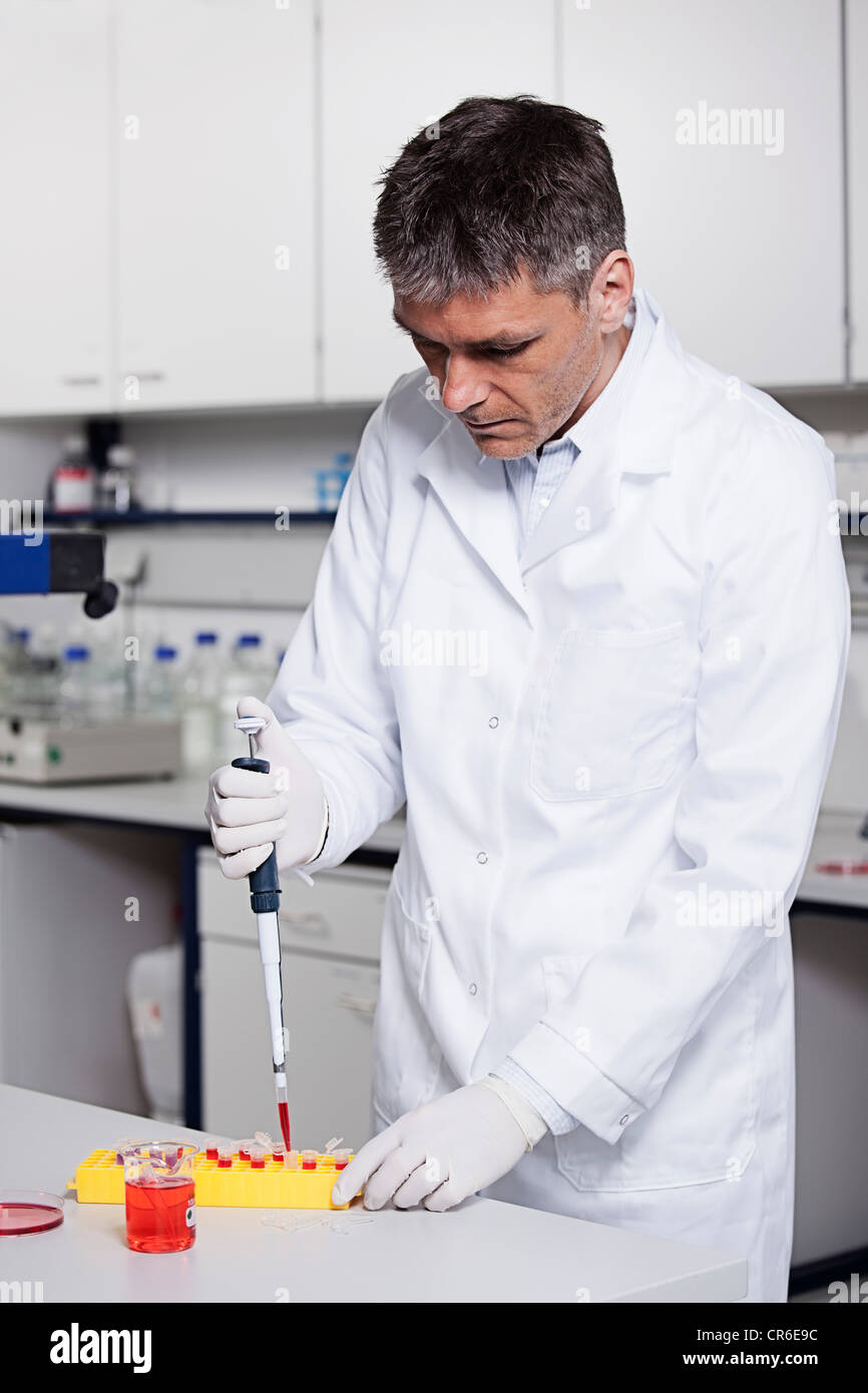 Germany, Bavaria, Munich, chemist liquide rouge à la pipette dans le tube à essai pour la recherche médicale, au laboratoire Banque D'Images