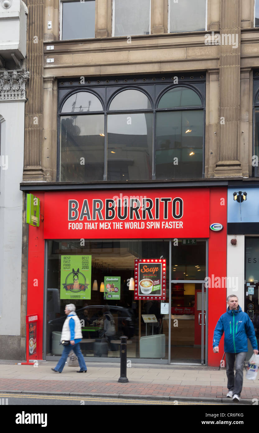 La direction de Deansgate Manchester Barburrito, une chaîne de petits restaurants et emporter l'spécialisé dans la cuisine mexicaine. Banque D'Images
