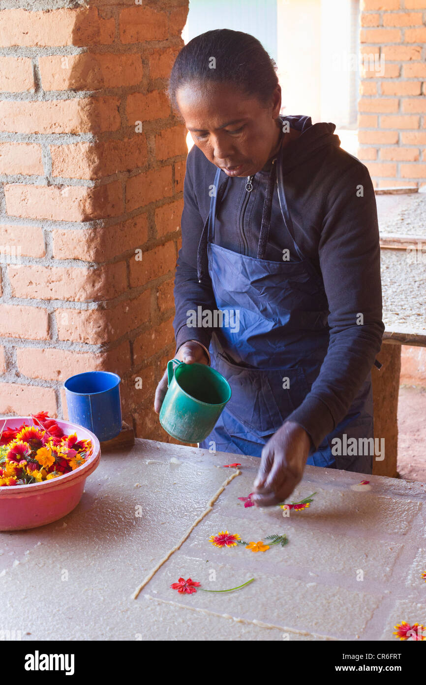 Woman making paper, fabrique de Papier Antaimoro, Amblavao, Madagascar Banque D'Images