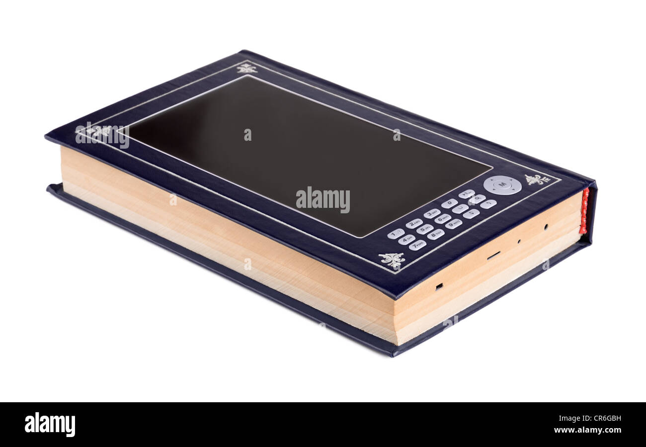 Photo-montage du livre traditionnel et ebook reader isolated on white Banque D'Images