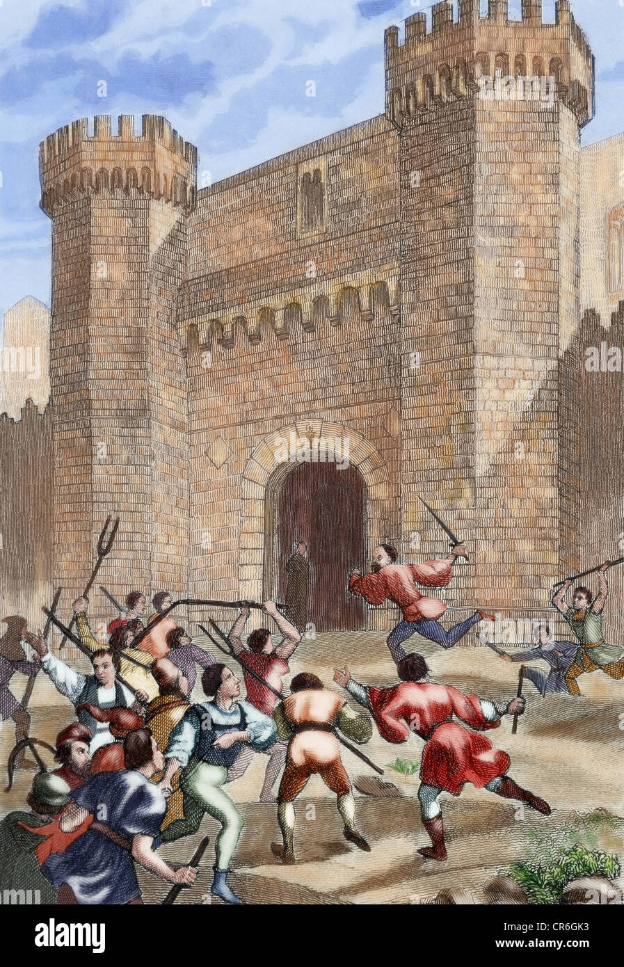 La Révolte des paysans en face du monastère de Poblet. La Catalogne. L'Espagne. Gravure en couleur. Banque D'Images