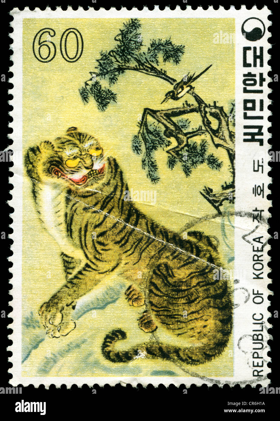 Les vieux timbres en provenance de Corée du Sud avec la peinture classique d'un tigre Banque D'Images