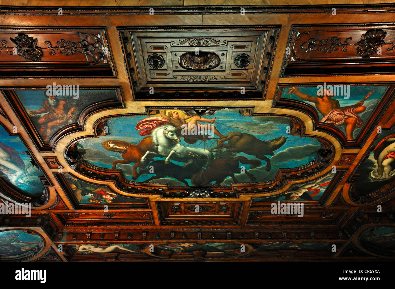 Plafond à caissons avec des représentations allégoriques, 1610 - 1611, à l'origine de l'Schoenen Zimmer, l'allemand pour belle chambre Banque D'Images