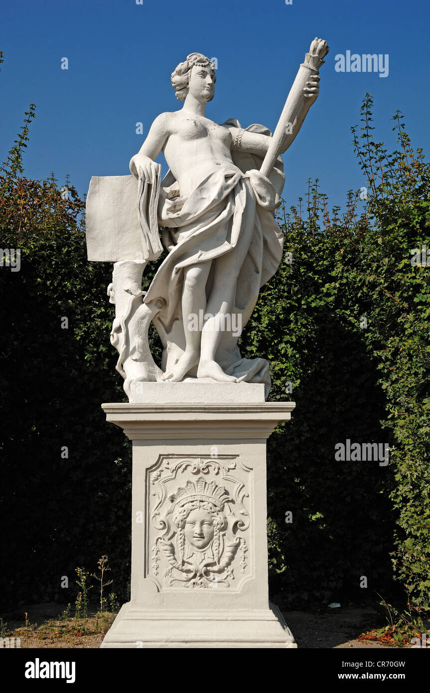 Sculpture Femme avec phare et livre, figure de la mythologie gréco-romaine, Belvédère inférieur, 18e siècle, Rennweg, Vienne Banque D'Images