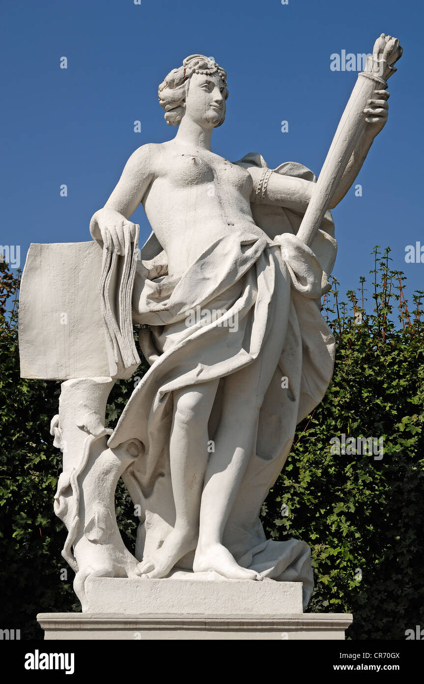 Sculpture Femme avec phare et livre, figure de la mythologie gréco-romaine, Belvédère inférieur, 18e siècle, Rennweg, Vienne Banque D'Images
