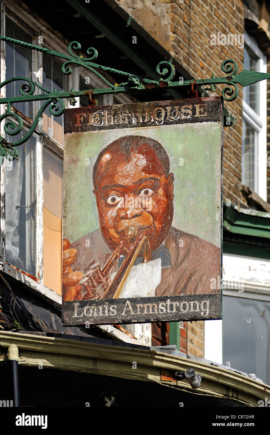 Restaurant sign, Louis Armstrong, 58 Maison Dieu Road, Dover, Kent, Angleterre, Royaume-Uni, Europe Banque D'Images