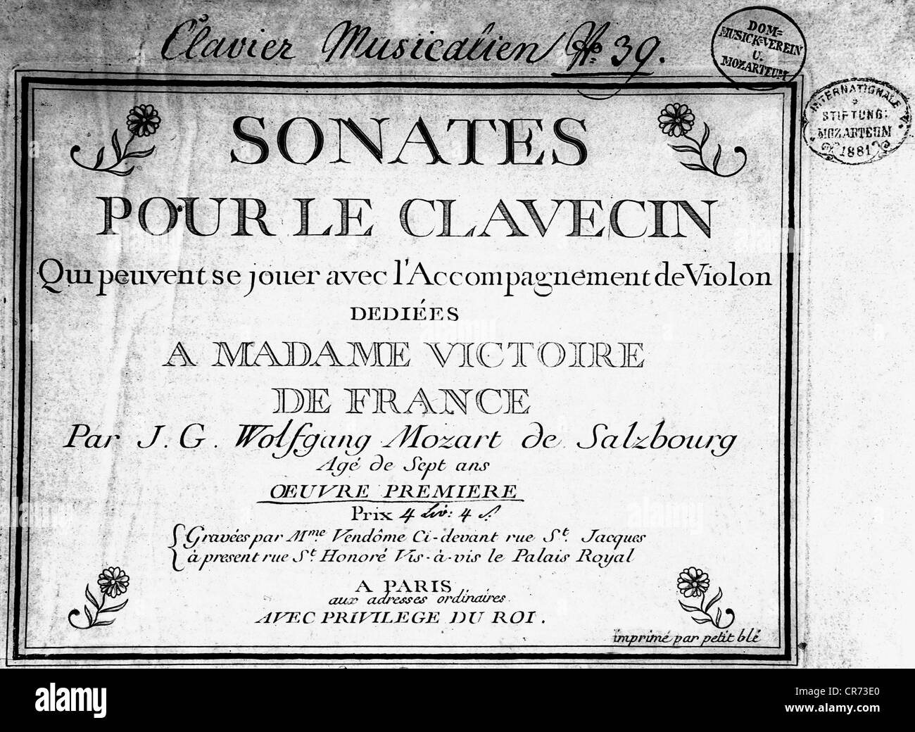 Mozart, Wolfgang Amadeus, 27.1.1756 - 5.12.1791, compositeur autrichien, œuvres, Sonates pour Clavecin, dédié à Madame Victorie de France, titre, Paris, 1764, , Banque D'Images