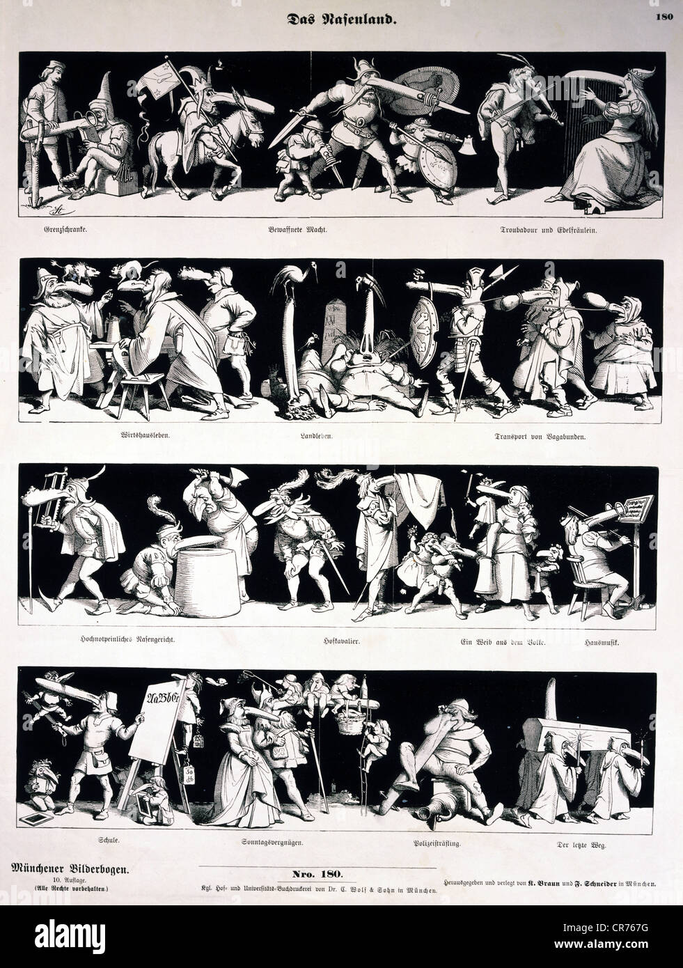 Stauber, Carl, 28.10.1815 - 24.11.1902, peintre et illustrateur allemand, œuvres, 'Das Nasenland' ('le Land des Nez'), grand-livre pictural, woodcut, Muenchner Bilderbogen No 180, publié par Braun und Schneider, Munich, 1856, collection privée, , Banque D'Images