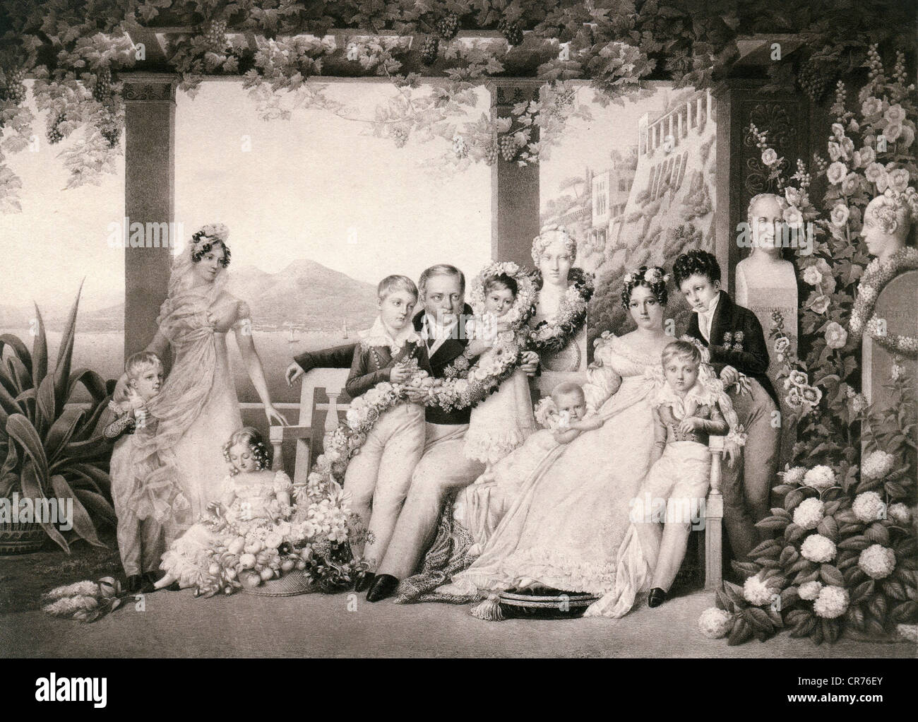 Francis I, 20.8.1777 - 8.11.1830, roi Des Deux Siciles 4.1.1825 - 8.11.1830, avec famille, mezzotint, 1818, de gauche : Antonio, duc de Lecce, Maria Cristina (Reine d'Espagne), Maria Antonietta (Grand duchesse de Toscane), Carlo Ferdinando, duc de Capua, prince hédonaire (Francesco King (Portugal), Maria Amalia, Maria (Portugal) Buste de Maria Carolina, duchesse de Berry, Maria Carolina, comtesse de Montemolin, Heditary Princess Maria Isabella (Infanta d'Espagne), Leopoldo Benjamin, duc de Syracuse, Ferdinand, duc de Noto (roi Ferdinand II), buste de Kin, Banque D'Images