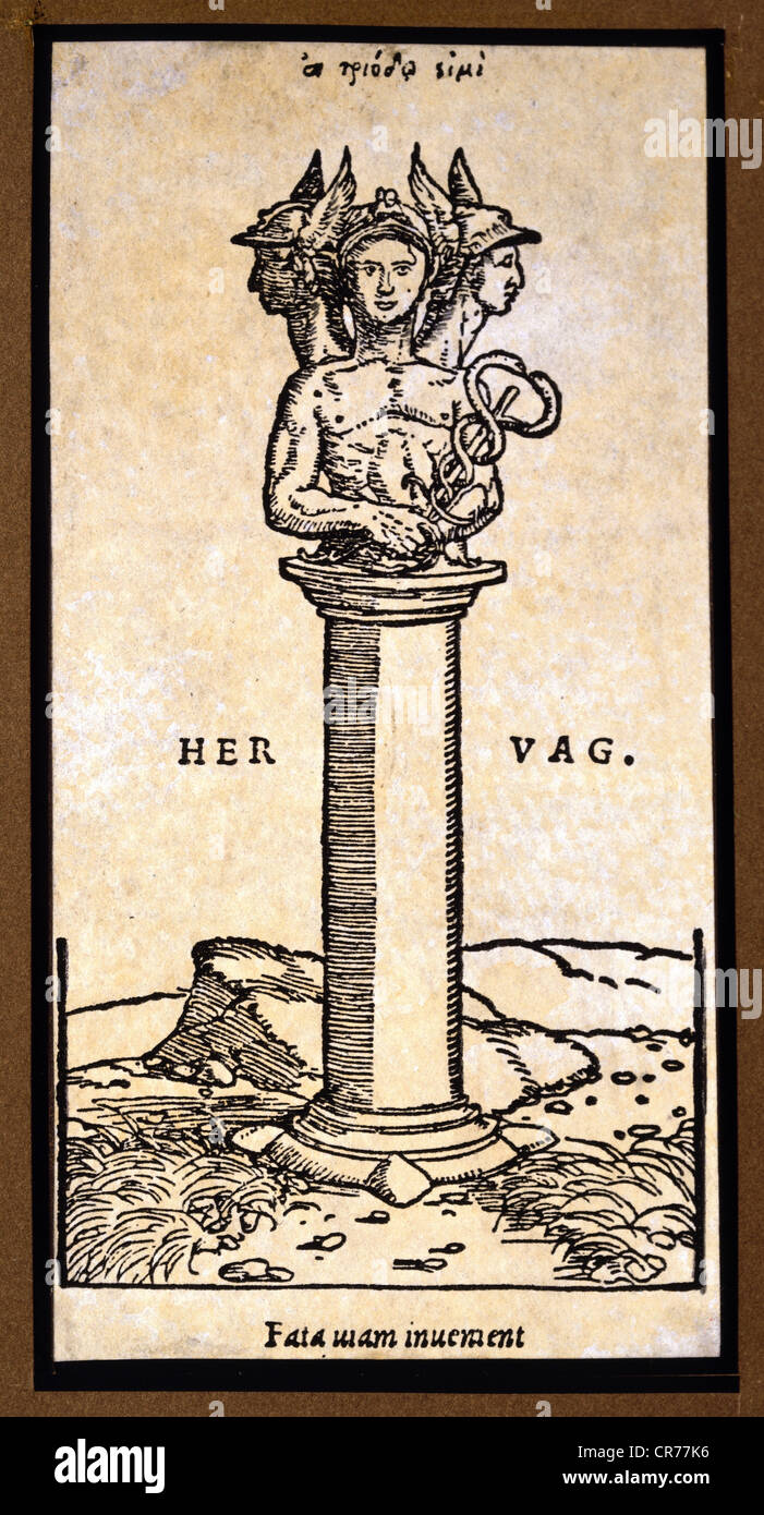 Hermes, le Dieu grec, comme Hermes trismegistus, la combinaison syncrétique avec le dieu égyptien Thoth, la coupe du bois, le signe de l'imprimante, XVIe siècle, collection privée, Banque D'Images