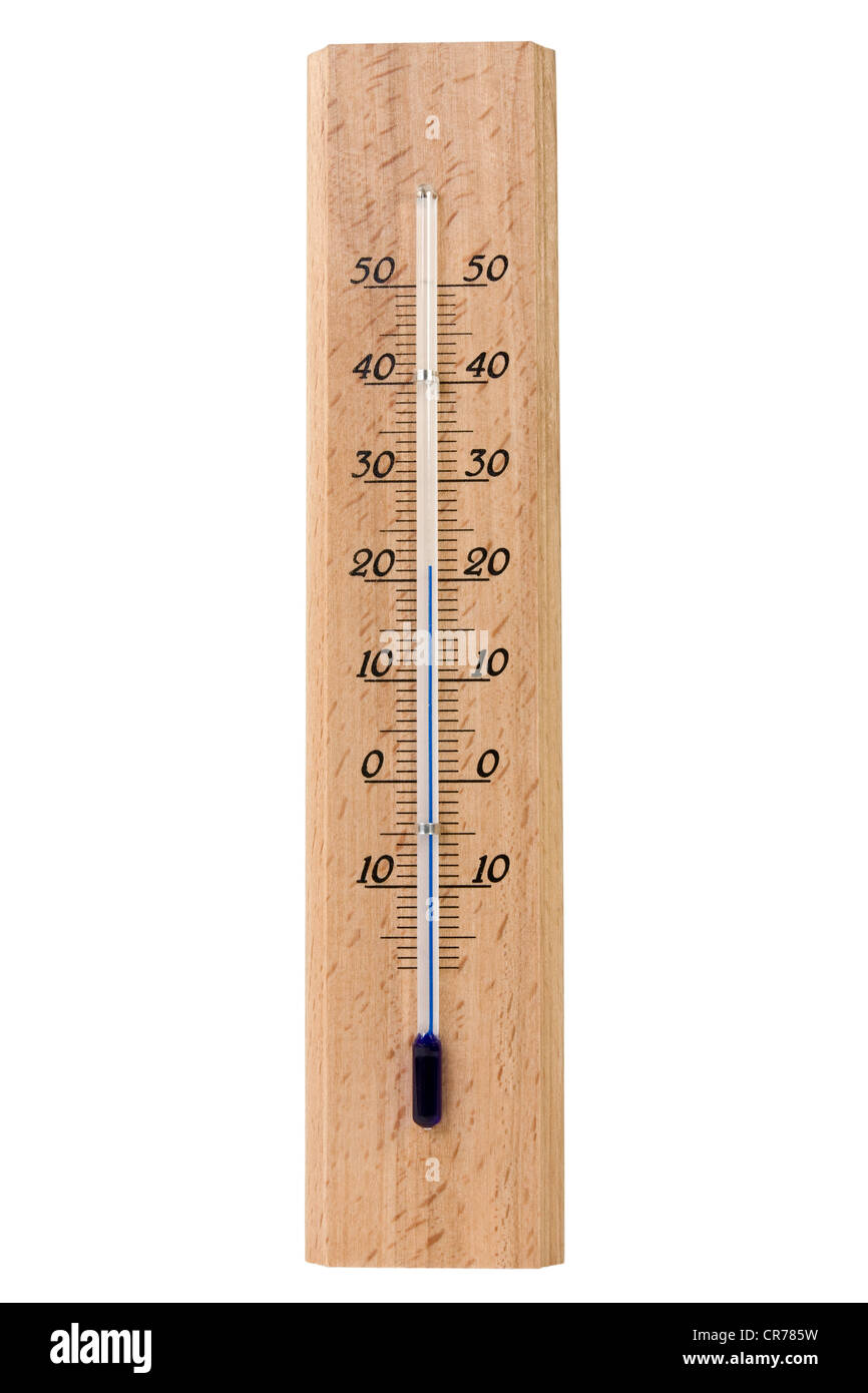 Thermomètre en bois isolé sur fond blanc Banque D'Images