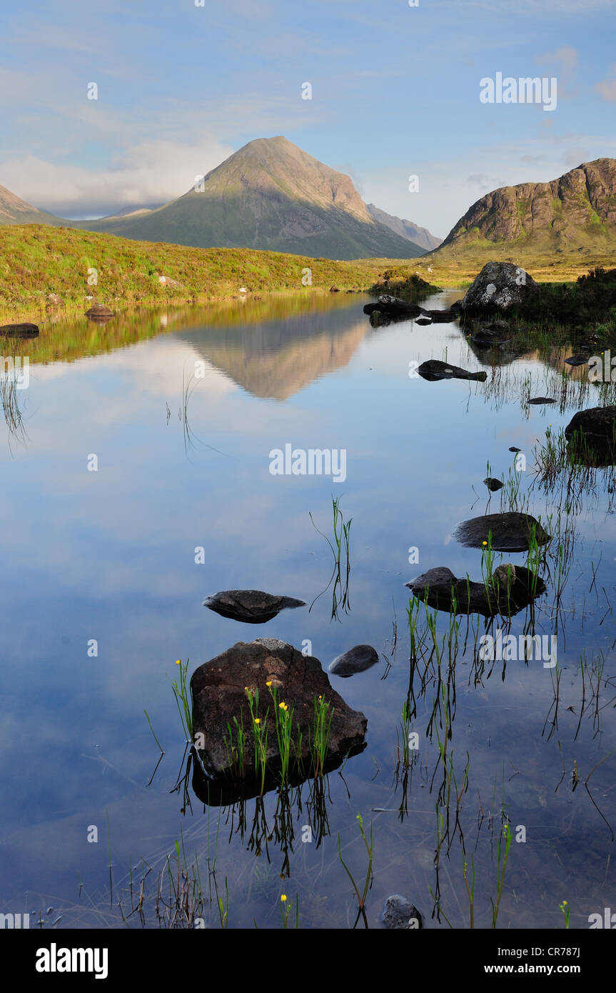 L'été sur l'île de Skye, Marsco reflétée dans un petit lochan à Glen Sligachan Banque D'Images