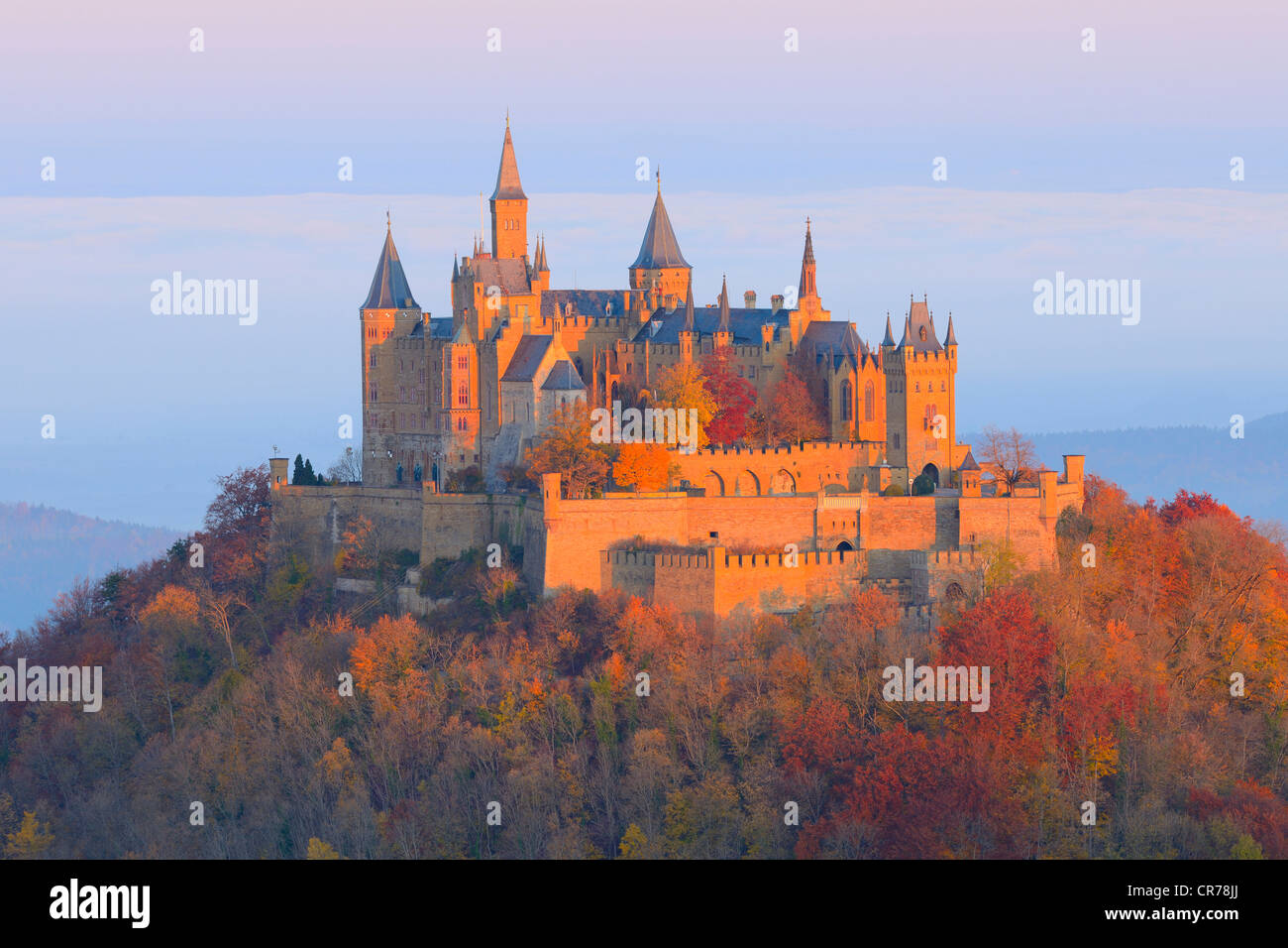 Le château de Burg Hohenzollern tôt le matin avec la lumière, la forêt d'automne brouillard tôt le matin, Jura souabe, Bade-Wurtemberg Banque D'Images