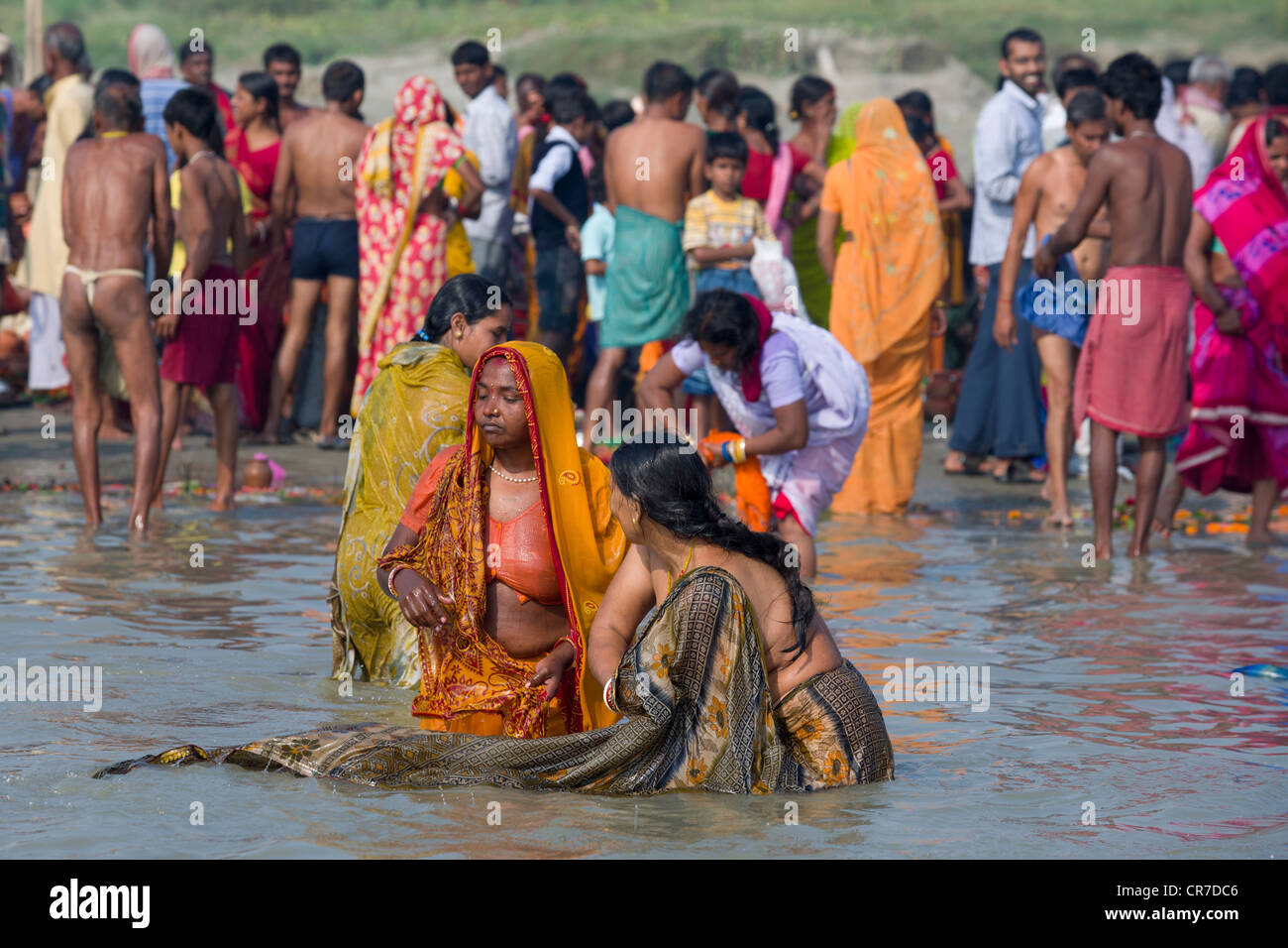 Les femmes baignade à la confluence des rivières Gange et Gandak, Sonepur Mela, Sonepur, Bihar, Inde Banque D'Images
