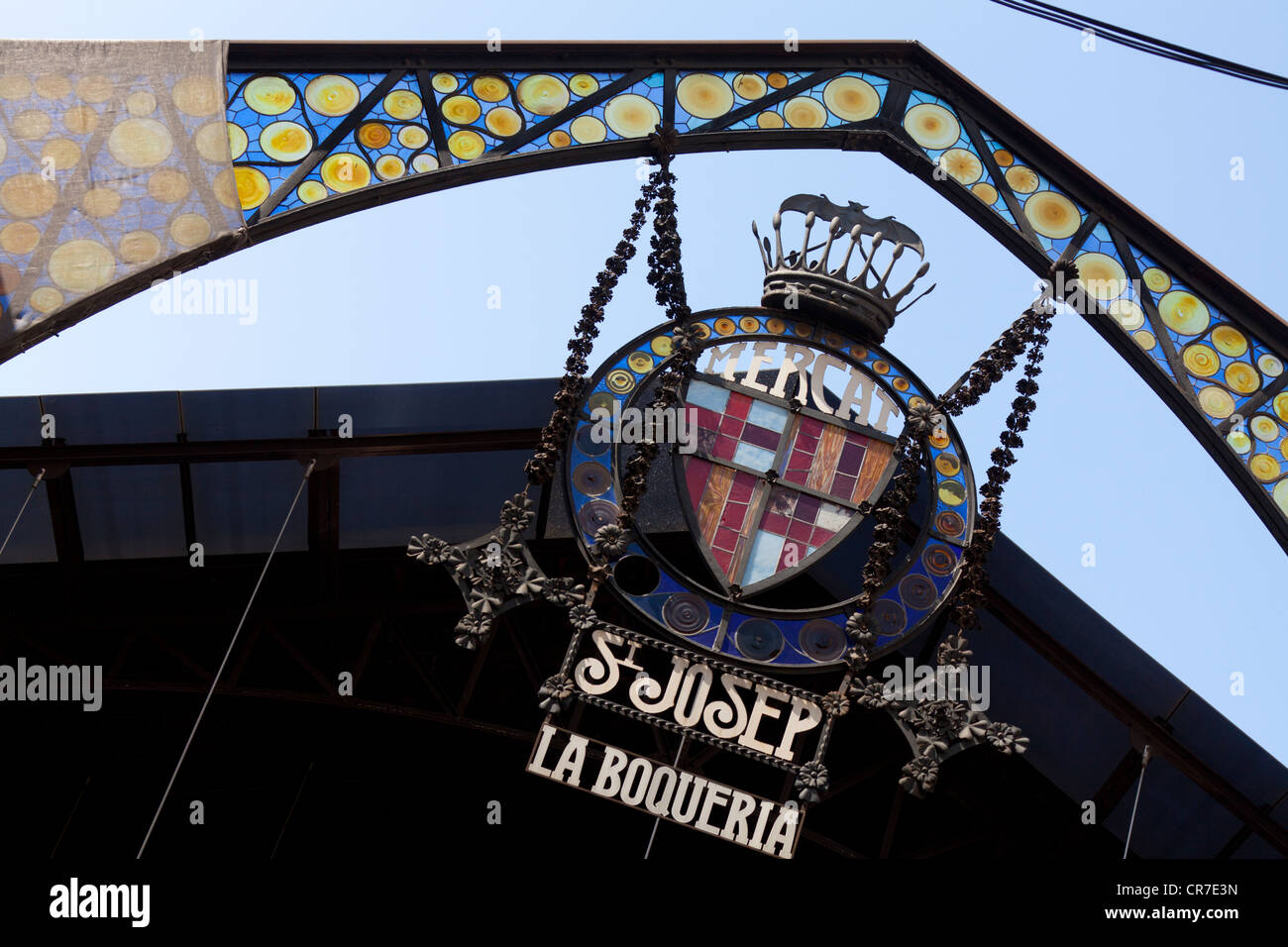 Signe décoratif en verre, Saint Josep La Boqueria, portail d'entrée, marché, Rambla, randonnées à pied, à la zone piétonne, Barcelone Banque D'Images