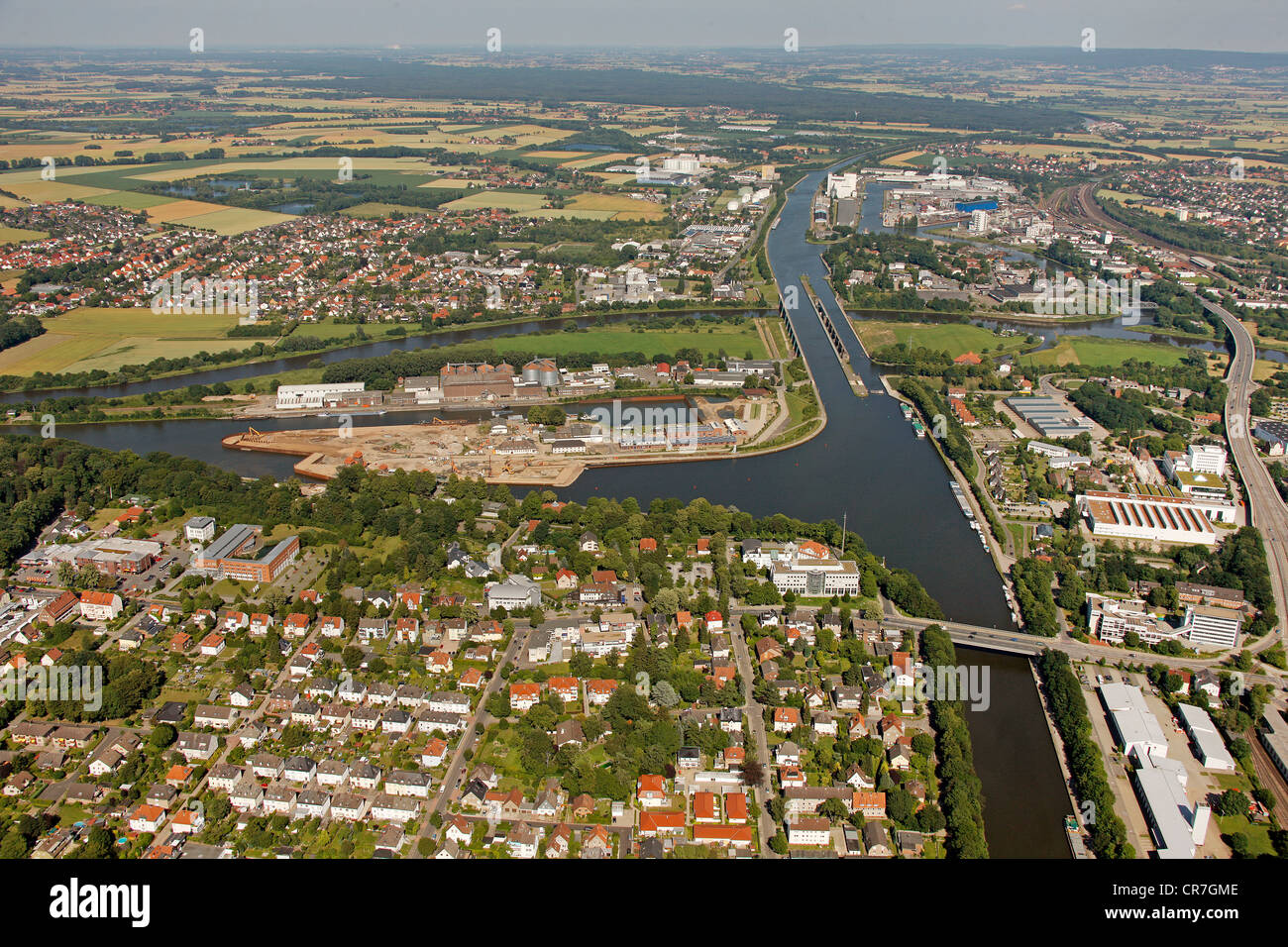 Vue aérienne, de la rivière Weser, Minden, Minden-Luebbecke, Nordrhein-Westfalen, Germany, Europe Banque D'Images