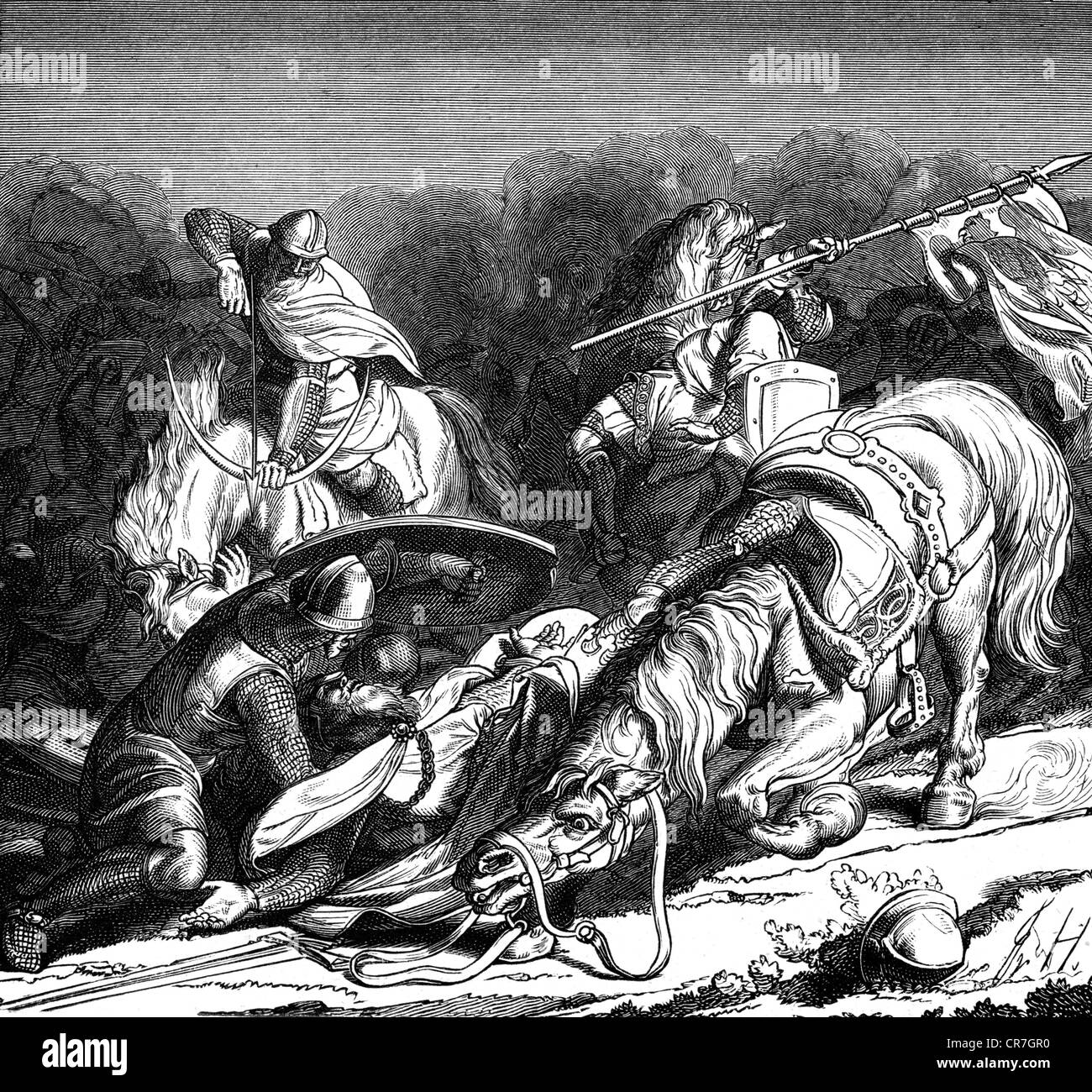 Frederick I 'Barbarossa', vers 1122 - 10.6.1190, roi d'Allemagne, empereur romain Saint 1155 - 1190, scène, bataille de Legnano, 29.5.1176, Frederick est jeté de son cheval, gravure de bois après un dessin de Friedrich Hottenroth, 19ème siècle, Banque D'Images